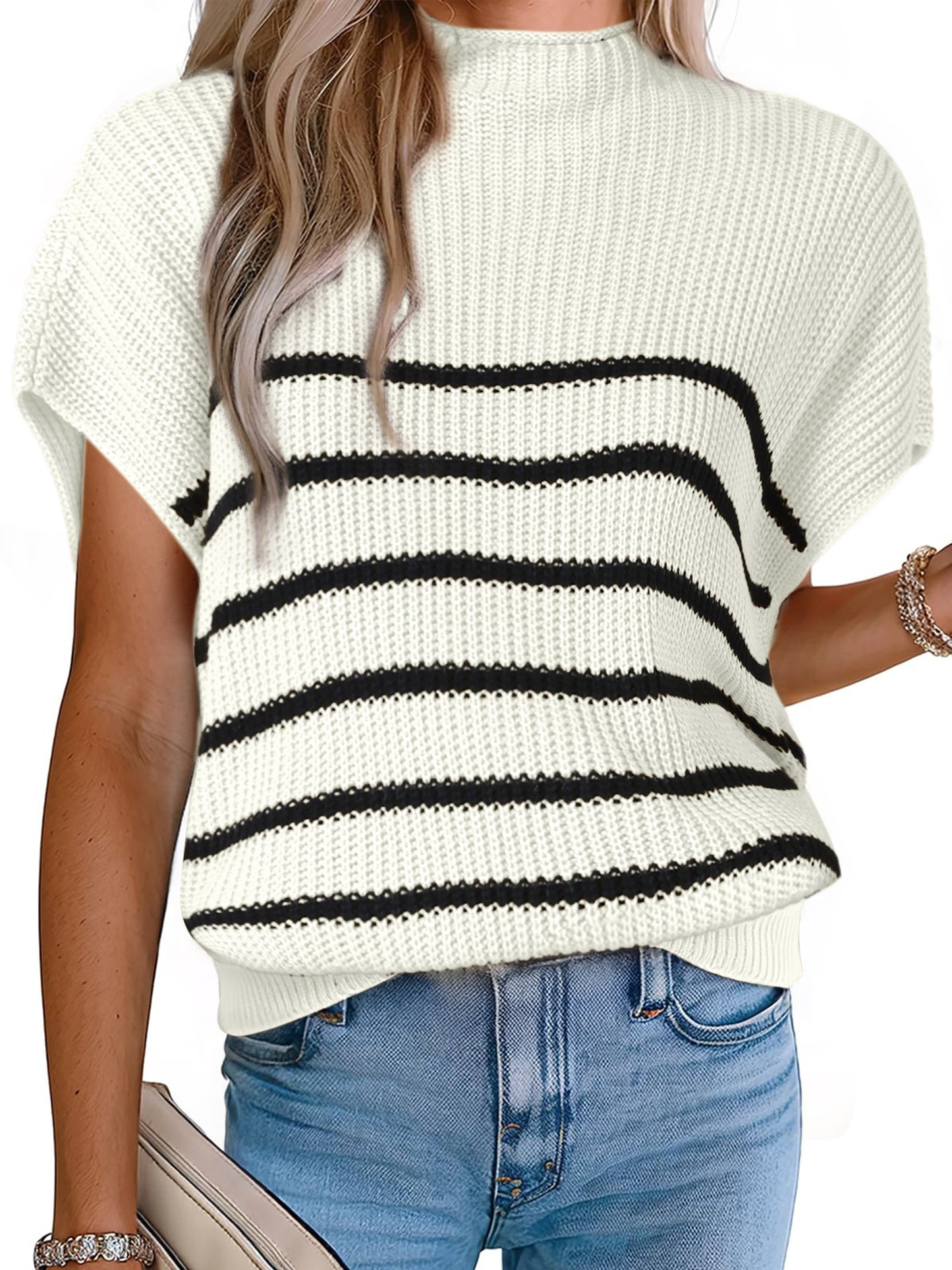 Women's Sleeveless Mock Neck Striped Sweater Vest Casual Cap Sleeve Knit Pullover Tank Top