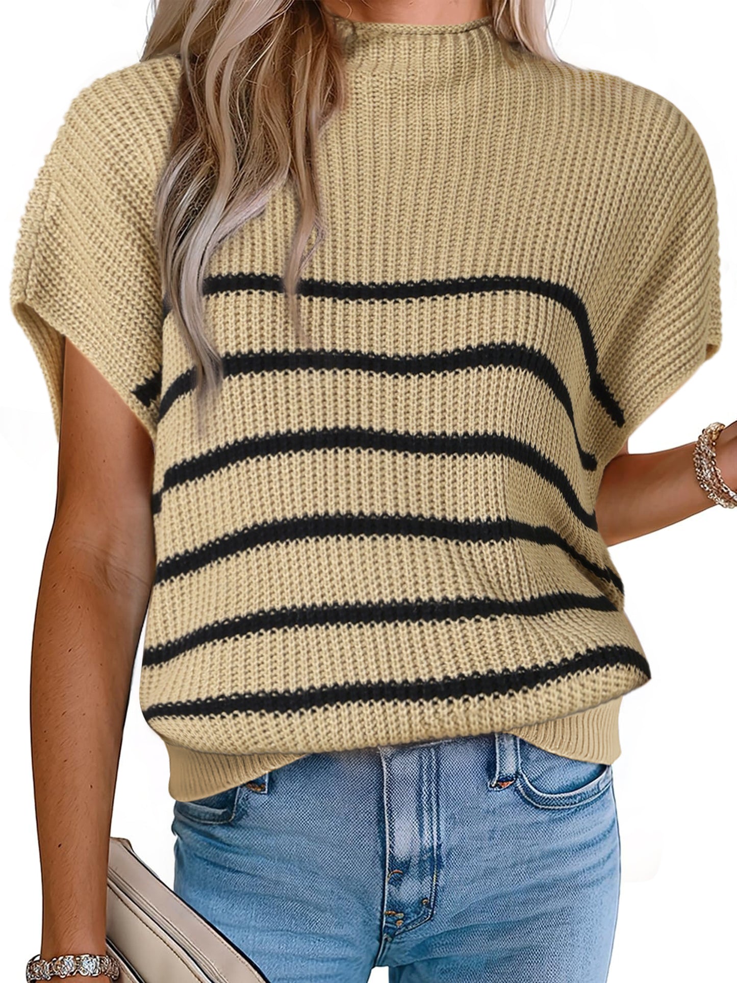 Women's Sleeveless Mock Neck Striped Sweater Vest Casual Cap Sleeve Knit Pullover Tank Top
