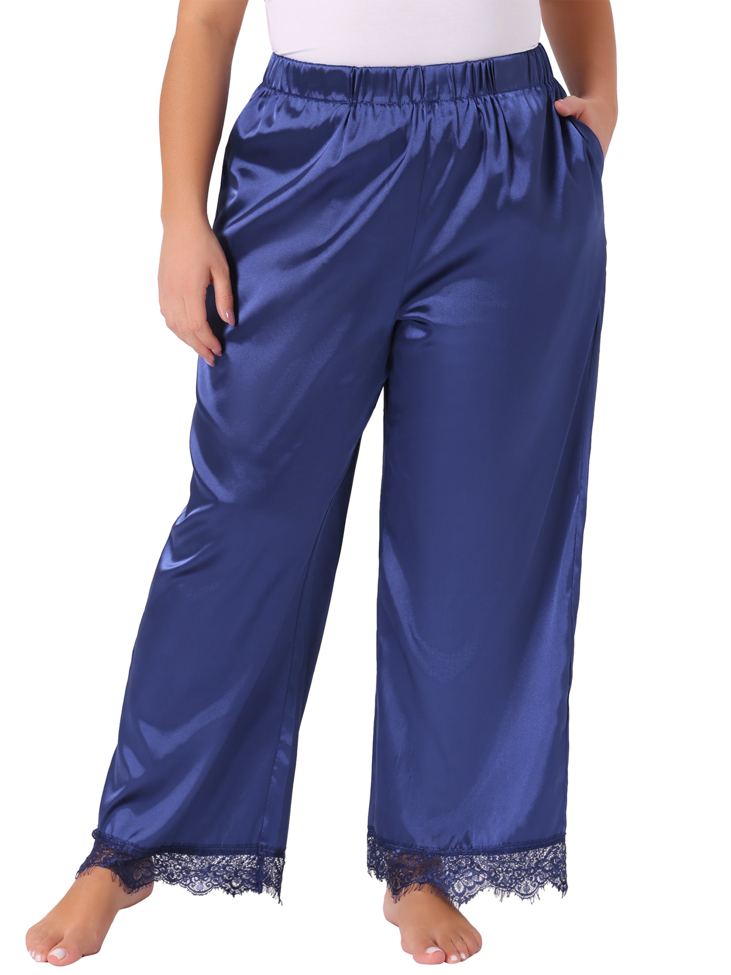 Pantalones de pijama para mujer, talla grande, con ribete de encaje satinado, pernera ancha elástica y bolsillos.