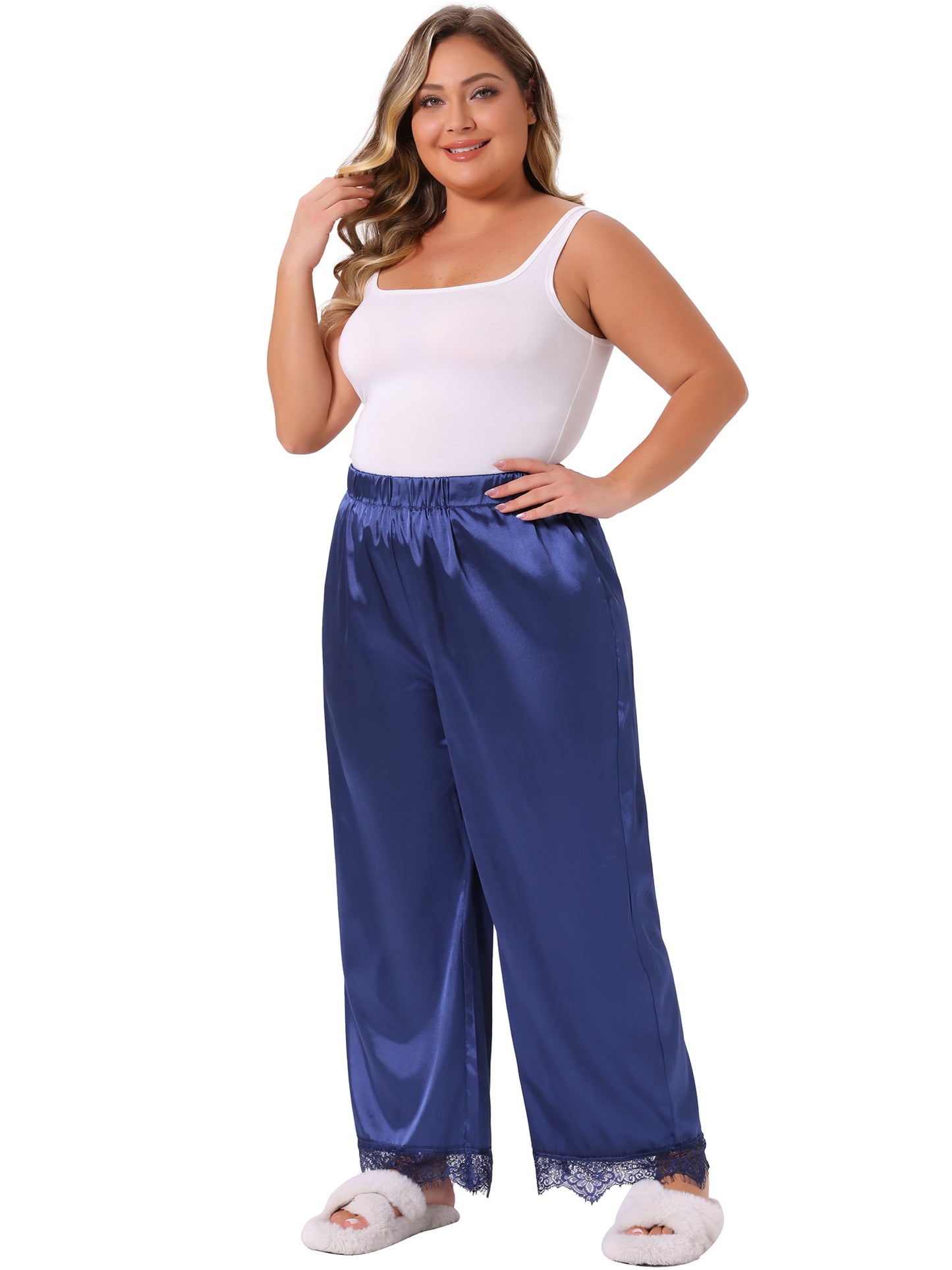 Pantalones de pijama para mujer, talla grande, con ribete de encaje satinado, pernera ancha elástica y bolsillos.