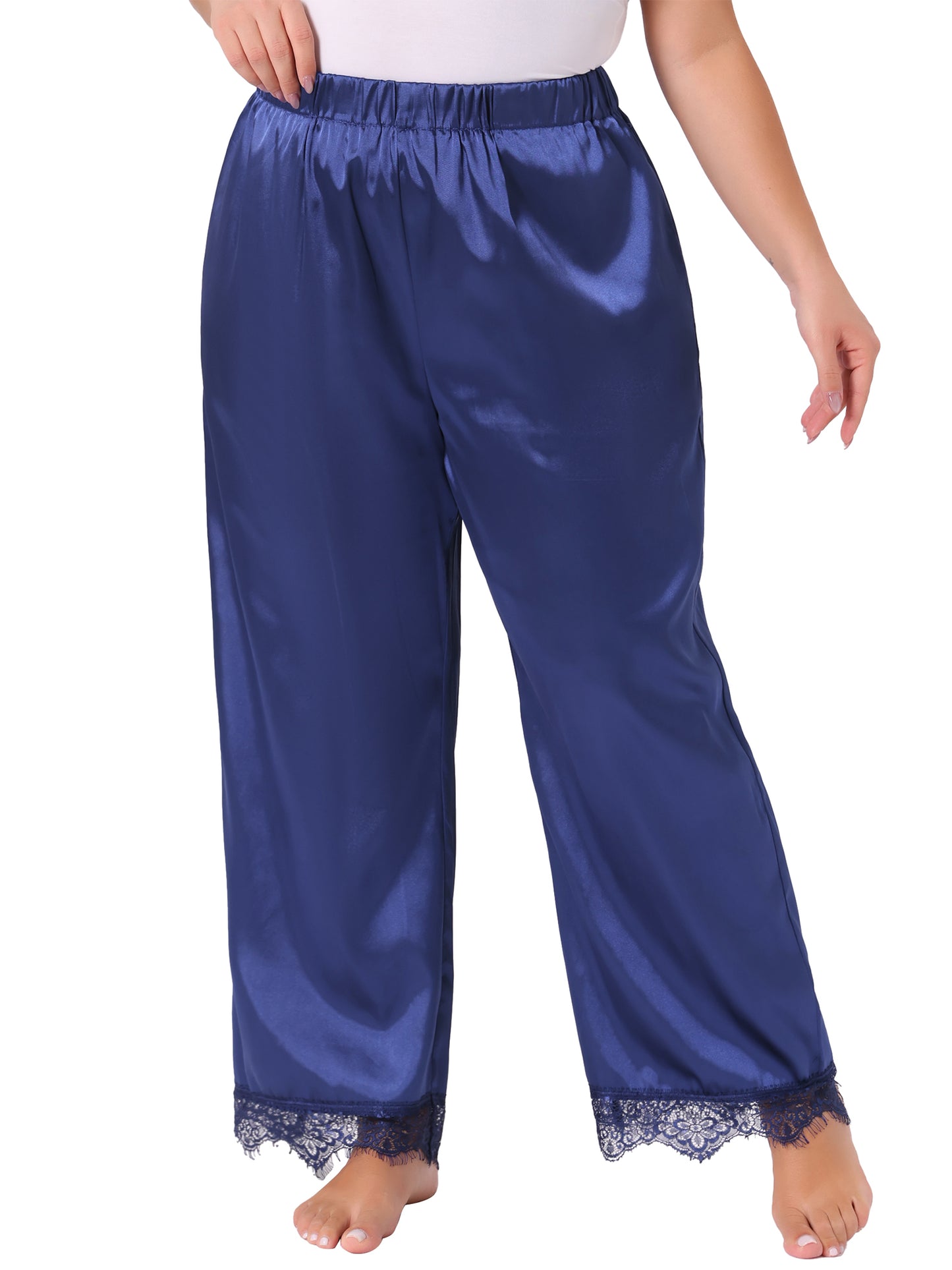 Pantalones de pijama para mujer, talla grande, con ribete de encaje satinado, pernera ancha elástica y bolsillos.