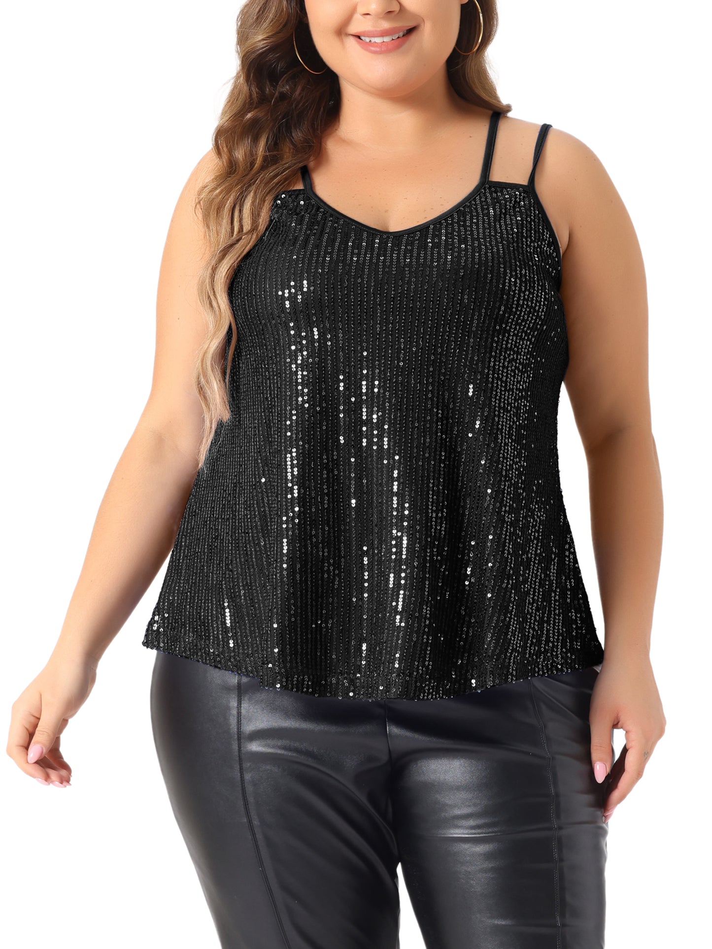 Women Plus Size Sequin Tops Metallic Sparkle Sleeveless Spaghetti Strap Cami Party Tank Top