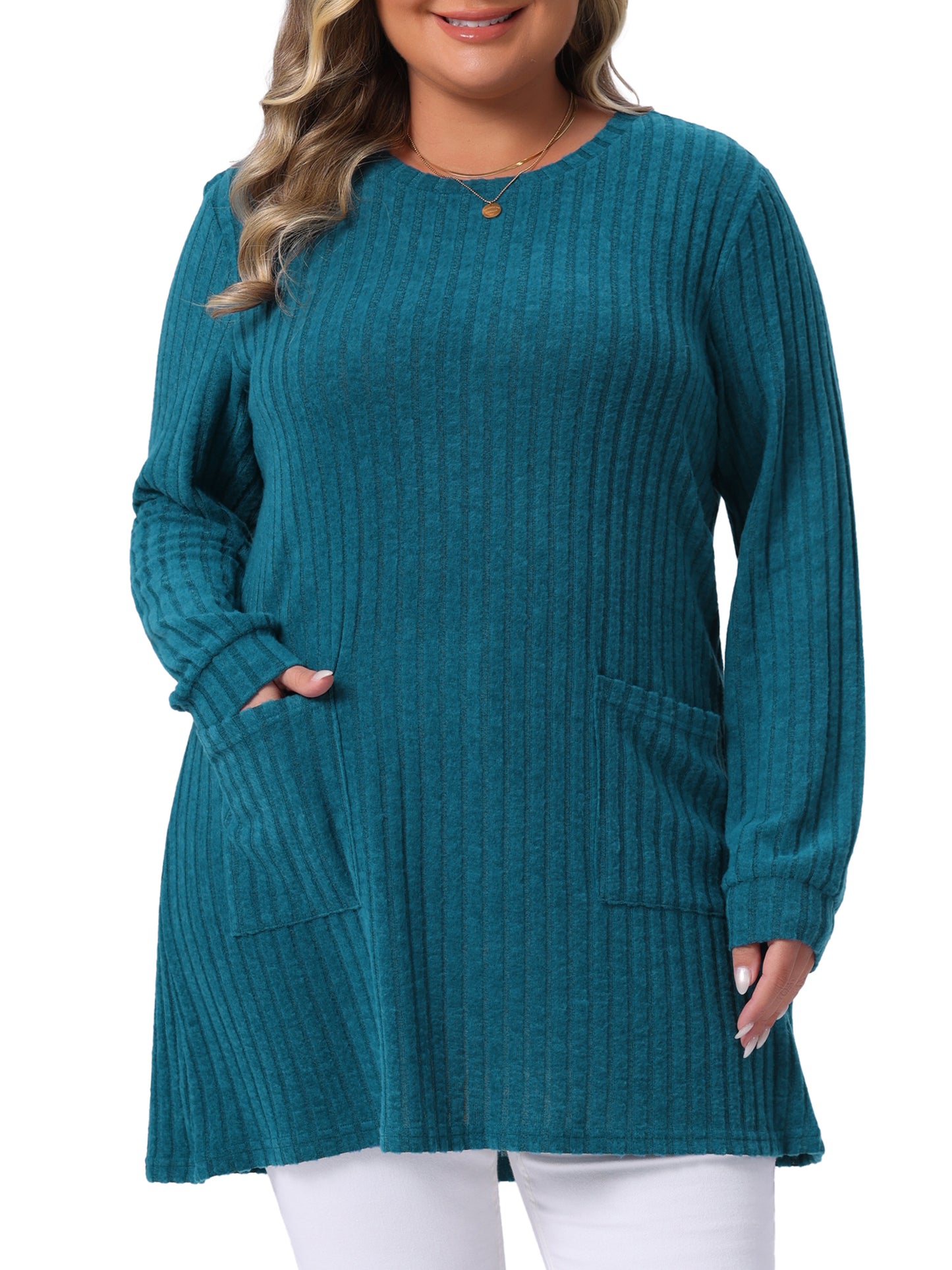 Women Plus Size Sweaters Round Neck Long Sleeve Ribbed Knit Loose Pocket Pullover Top