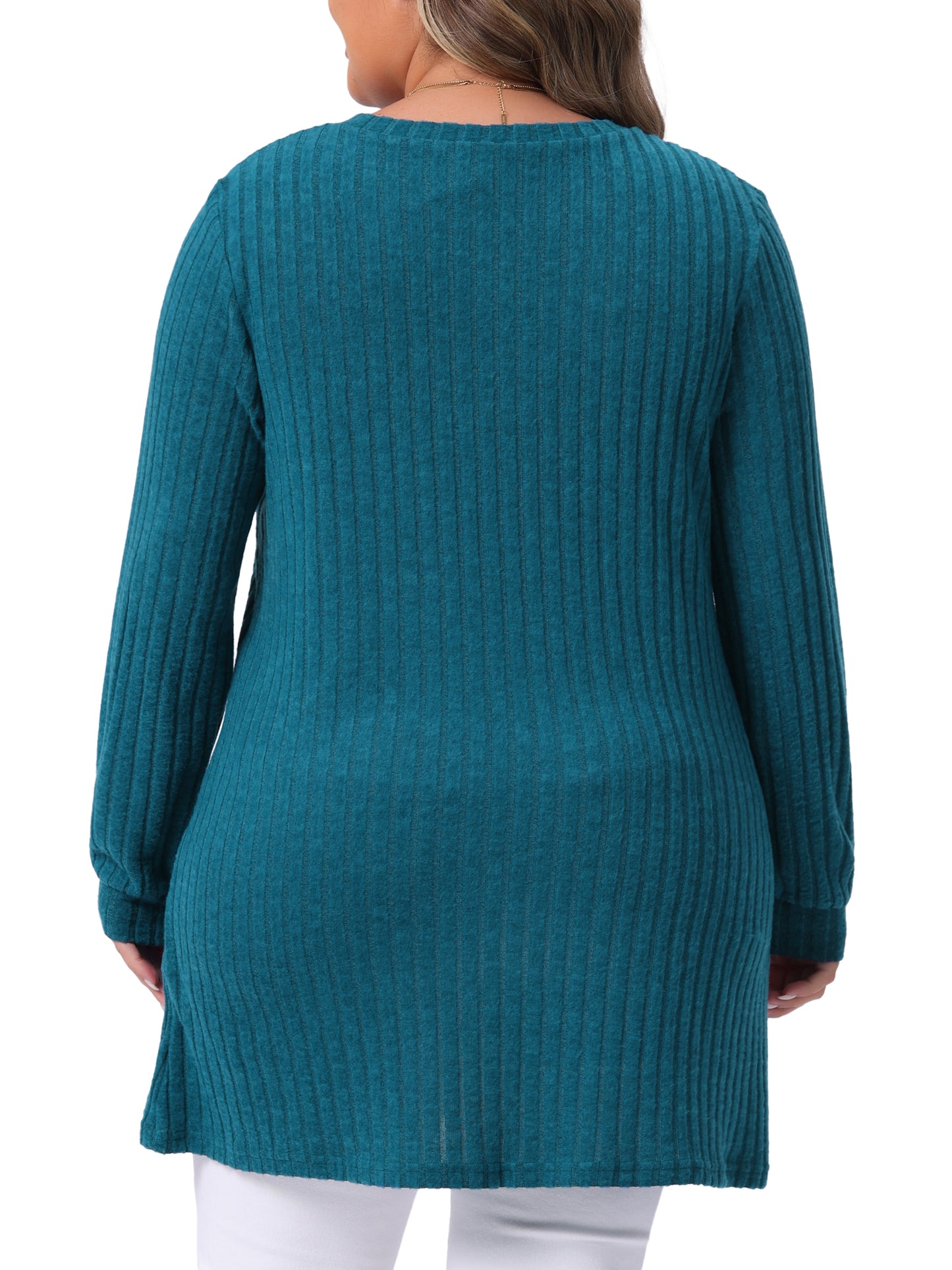 Women Plus Size Sweaters Round Neck Long Sleeve Ribbed Knit Loose Pocket Pullover Top