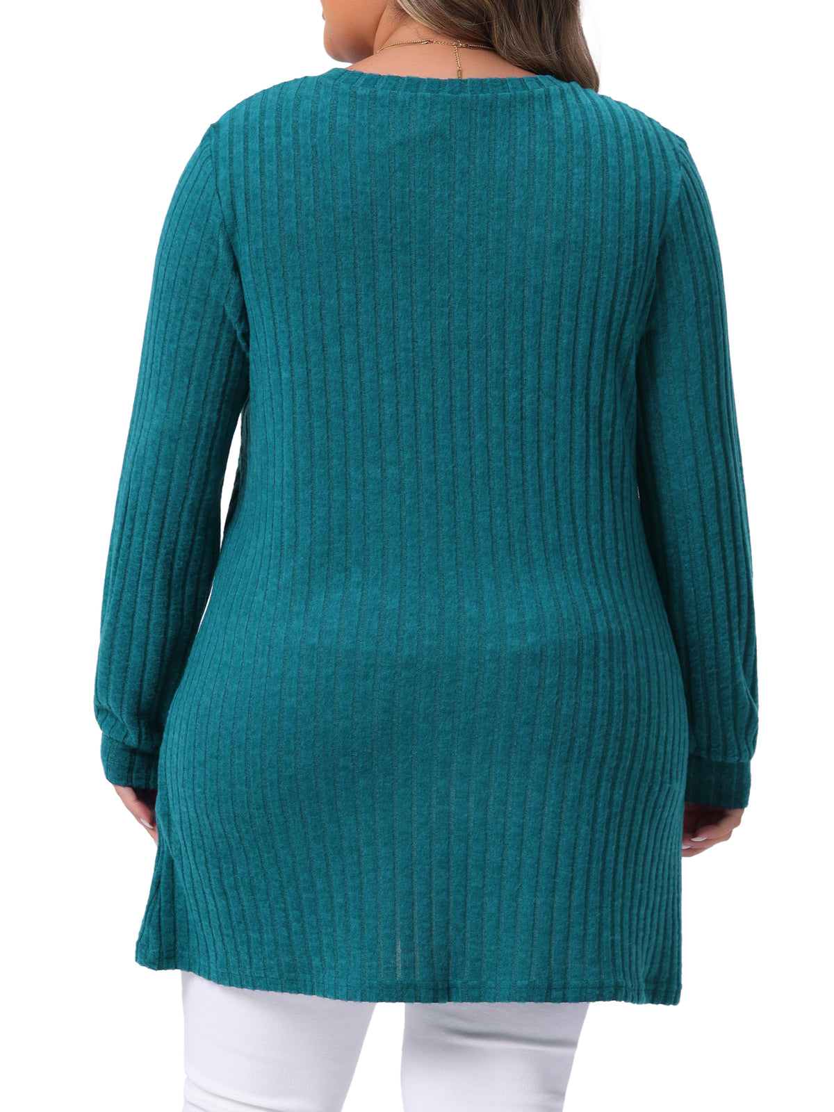 Women Plus Size Sweaters Round Neck Long Sleeve Ribbed Knit Loose Pocket Pullover Top