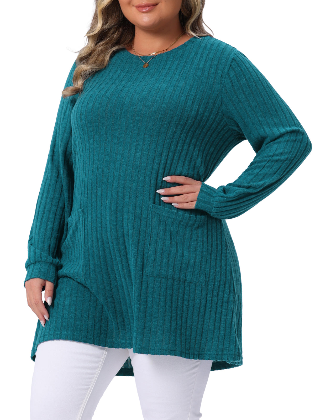 Women Plus Size Sweaters Round Neck Long Sleeve Ribbed Knit Loose Pocket Pullover Top