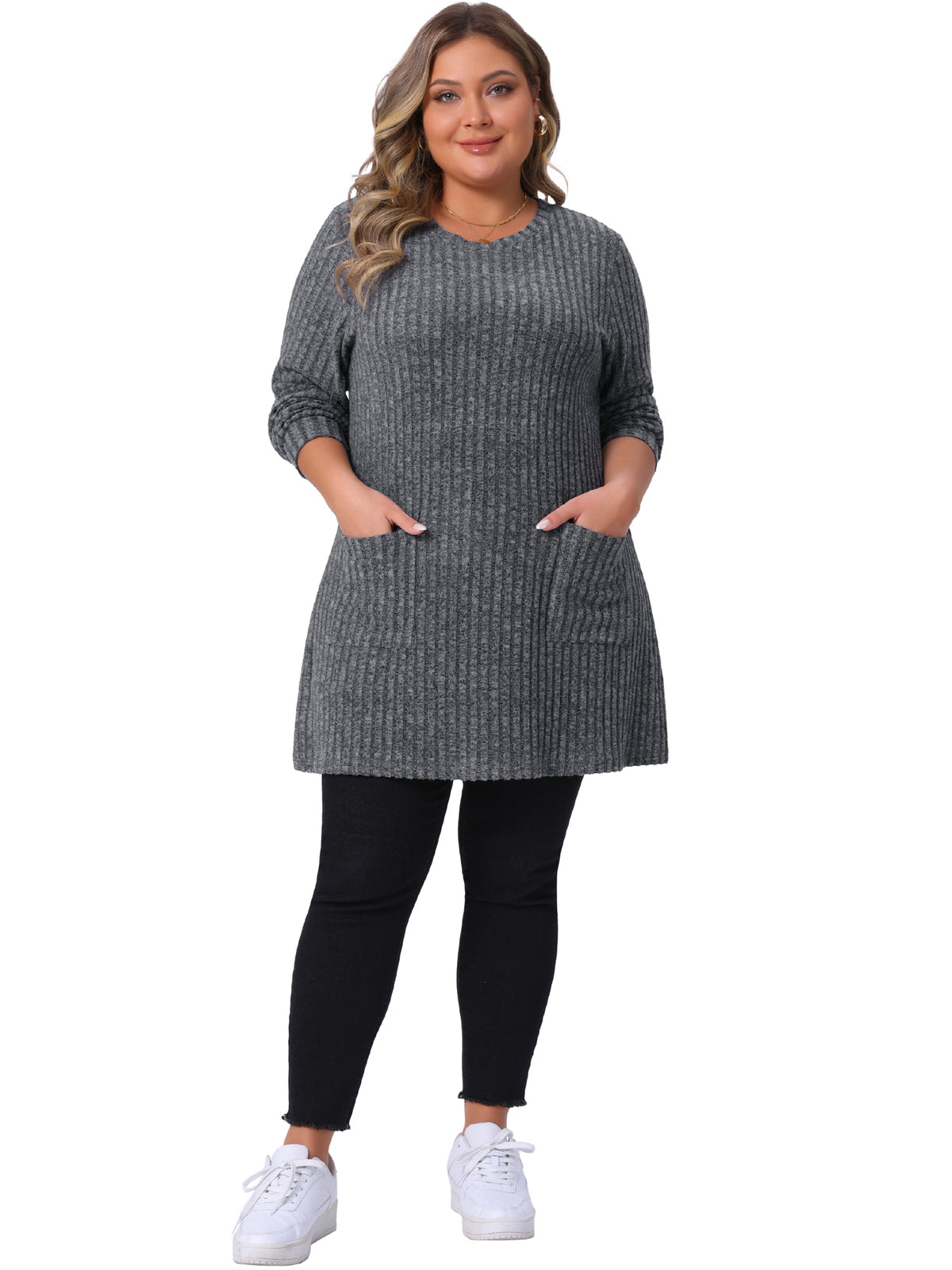 Women Plus Size Sweaters Round Neck Long Sleeve Ribbed Knit Loose Pocket Pullover Top