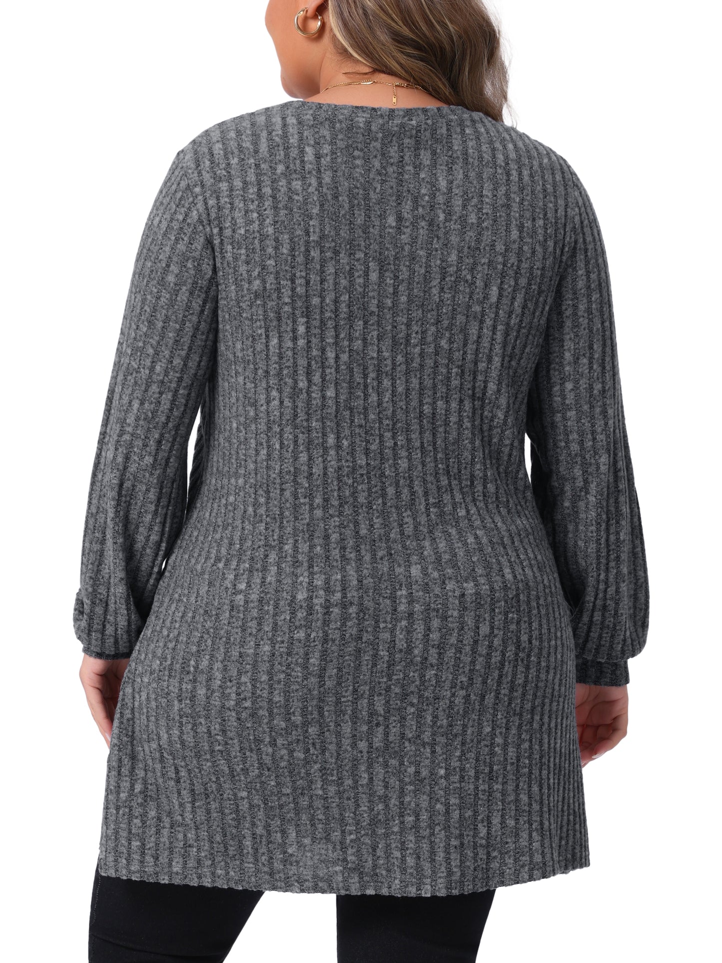 Women Plus Size Sweaters Round Neck Long Sleeve Ribbed Knit Loose Pocket Pullover Top