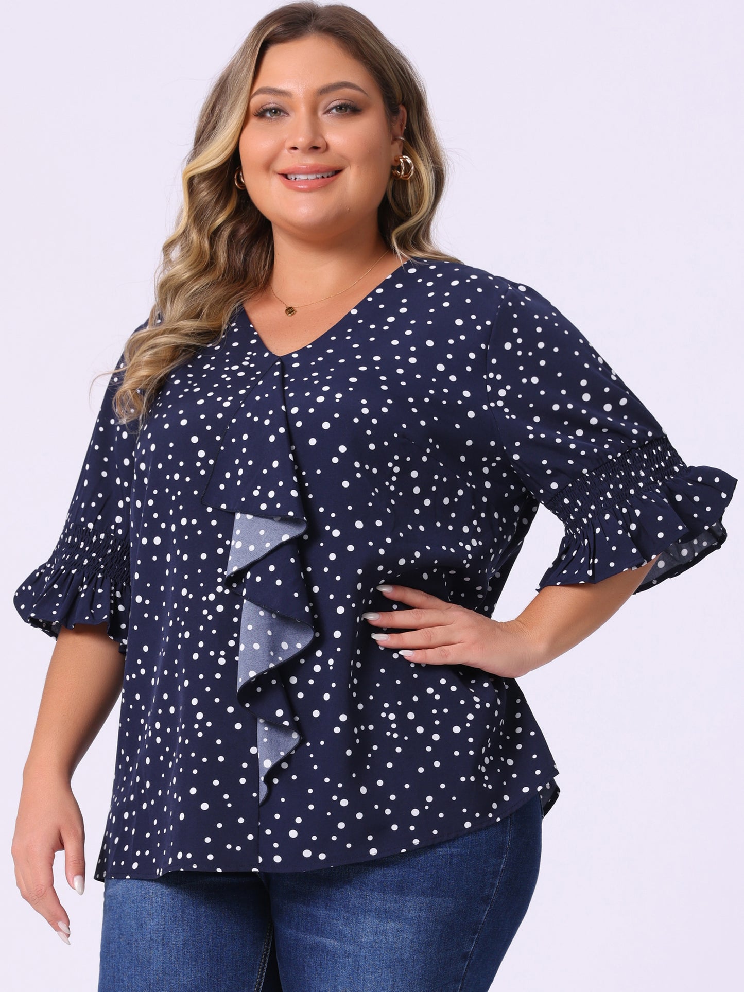 Women's Plus Size Ruffle Blouse V Neck Smocked Sleeves Top