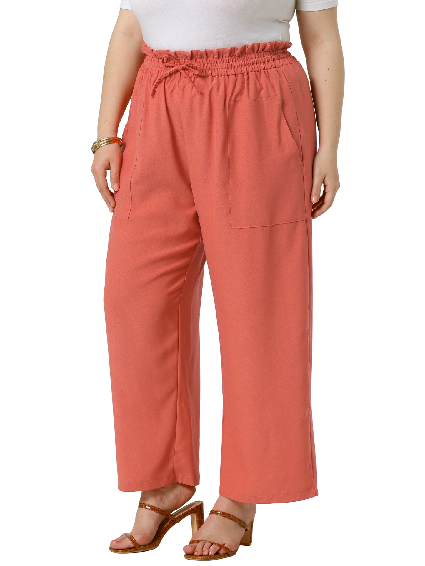 Women's Plus Size Baggy Wide Leg Elastic High Waist Palazzo Pants with Pockets Drawstring Summer Casual Trousers