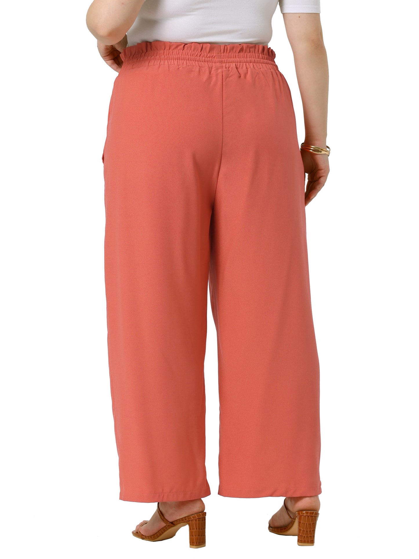 Women's Plus Size Baggy Wide Leg Elastic High Waist Palazzo Pants with Pockets Drawstring Summer Casual Trousers