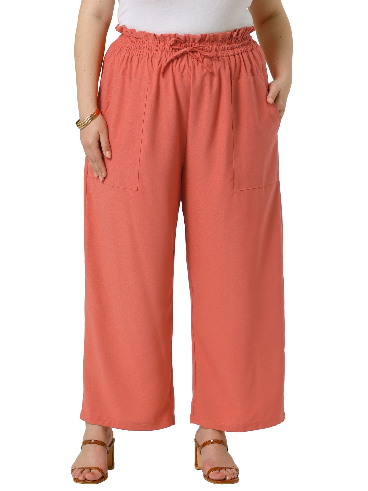 Women's Plus Size Baggy Wide Leg Elastic High Waist Palazzo Pants with Pockets Drawstring Summer Casual Trousers