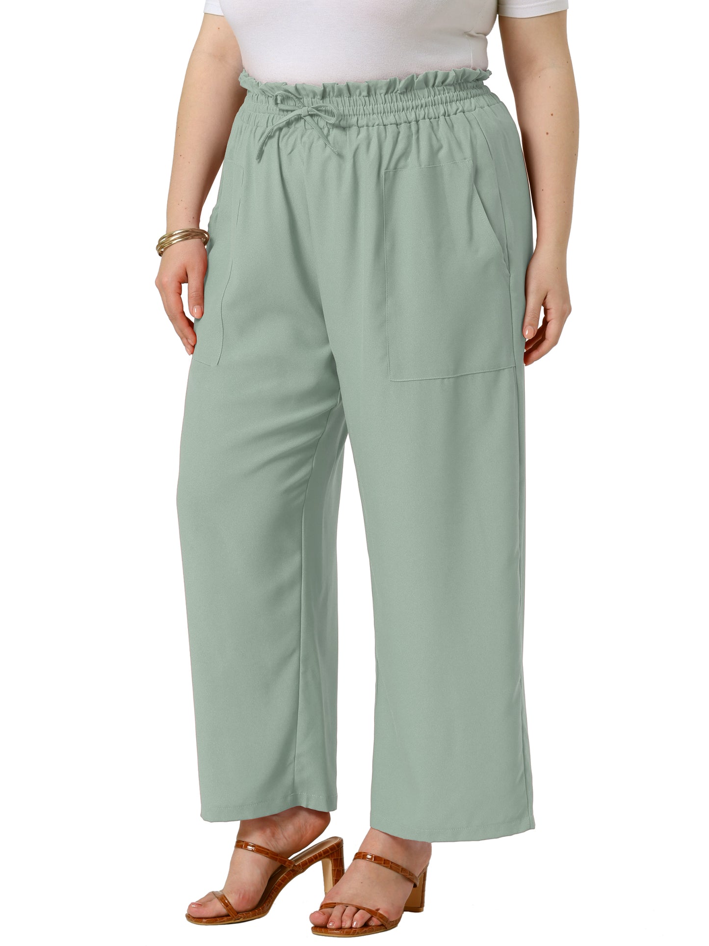 Women's Plus Size Baggy Wide Leg Elastic High Waist Palazzo Pants with Pockets Drawstring Summer Casual Trousers