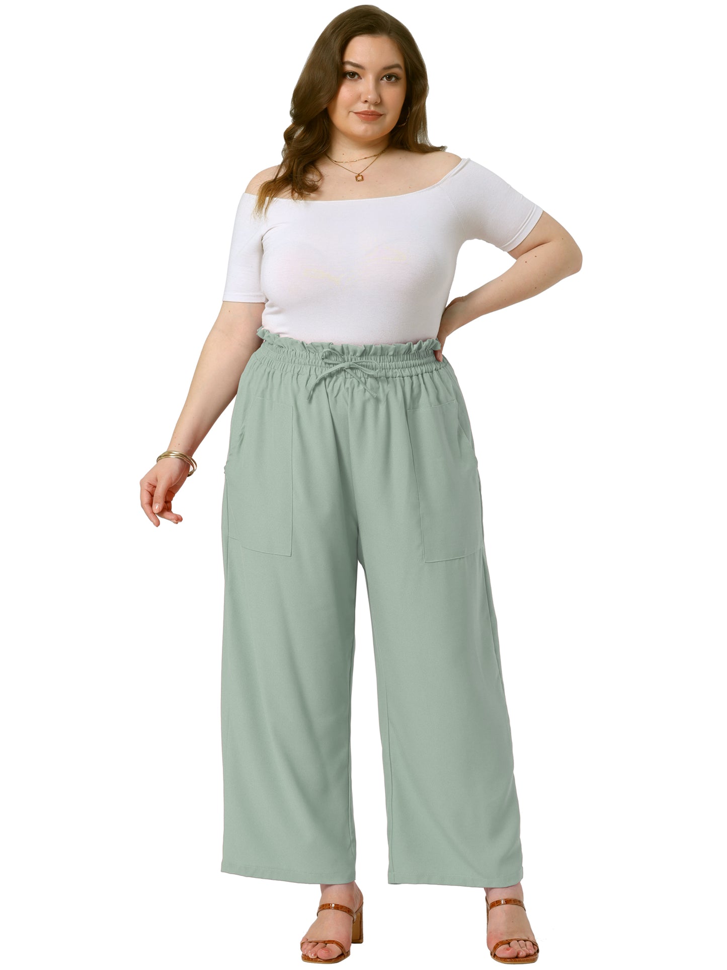 Women's Plus Size Baggy Wide Leg Elastic High Waist Palazzo Pants with Pockets Drawstring Summer Casual Trousers
