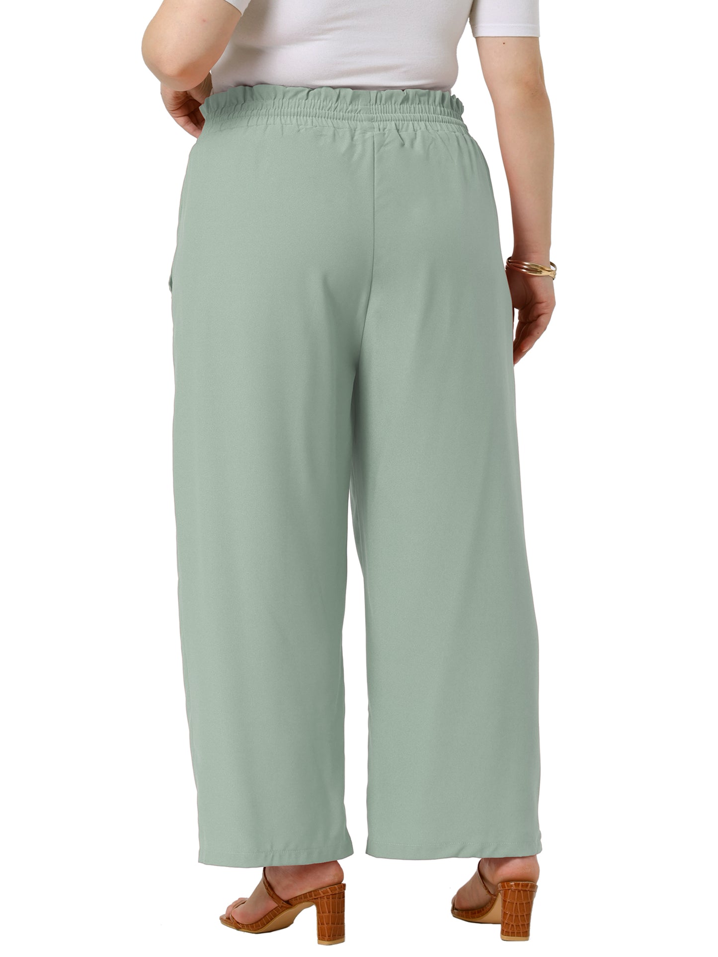 Women's Plus Size Baggy Wide Leg Elastic High Waist Palazzo Pants with Pockets Drawstring Summer Casual Trousers