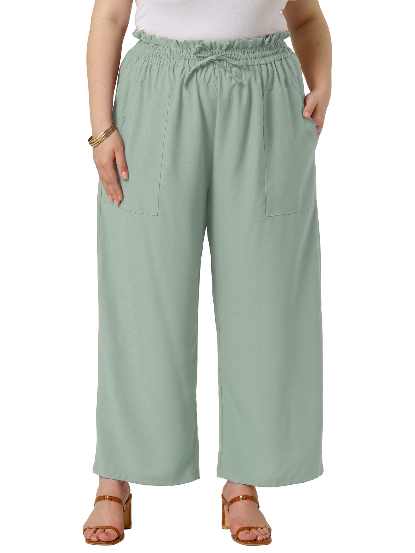 Women's Plus Size Baggy Wide Leg Elastic High Waist Palazzo Pants with Pockets Drawstring Summer Casual Trousers