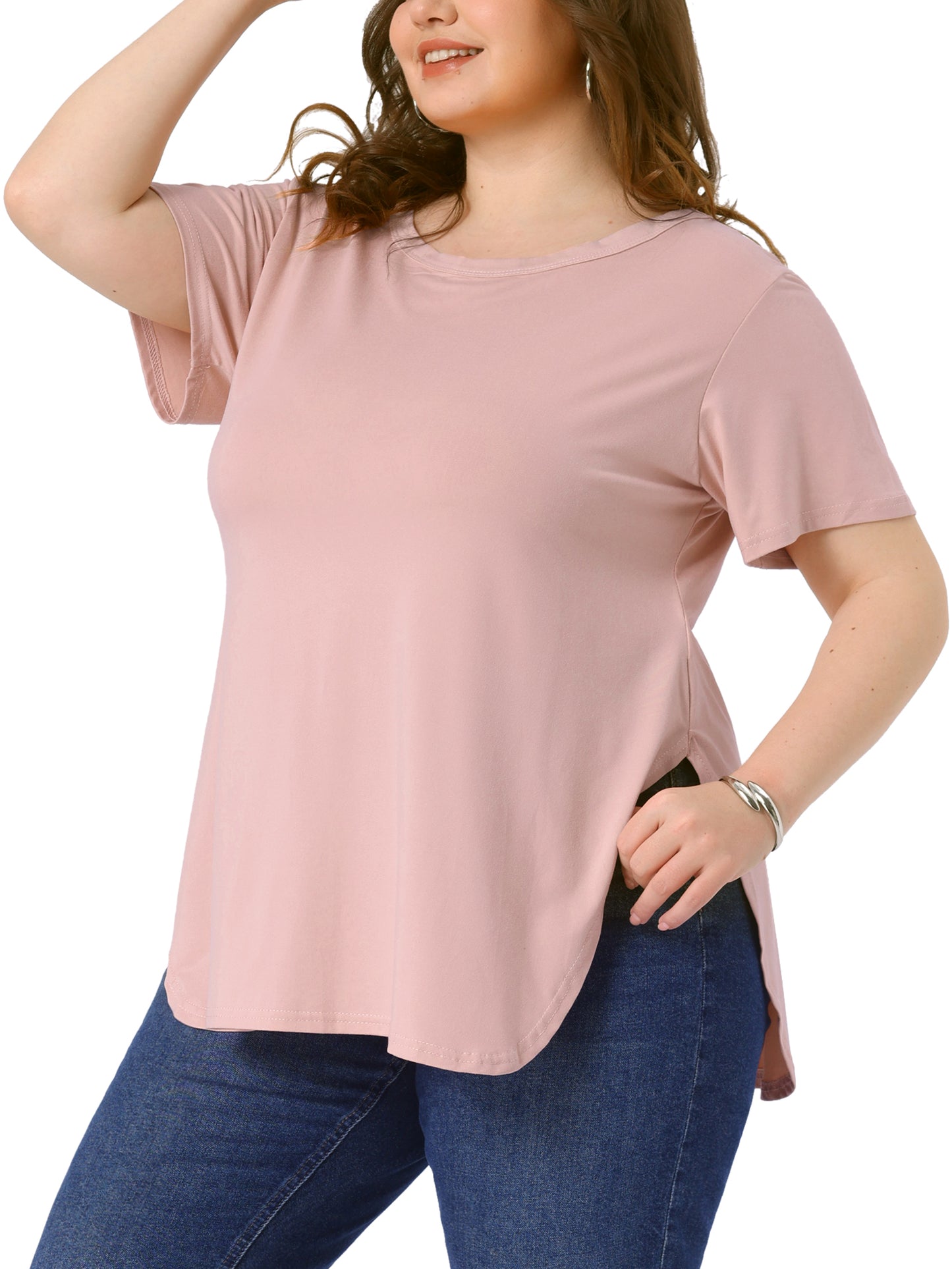 Women Plus Size Top Summer Short Sleeve Round Neck Side Split Hem T-Shirt