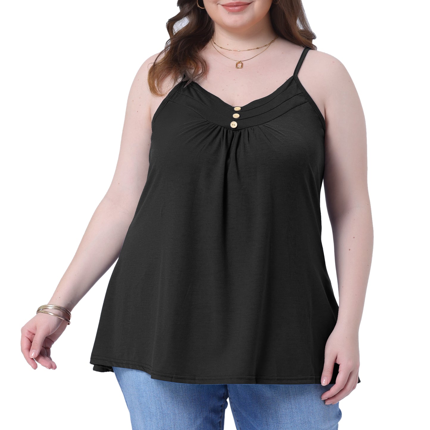 Women's Plus Size Summer Casual Tank Tops Button V Neck Pleated Camisoles Cami Top