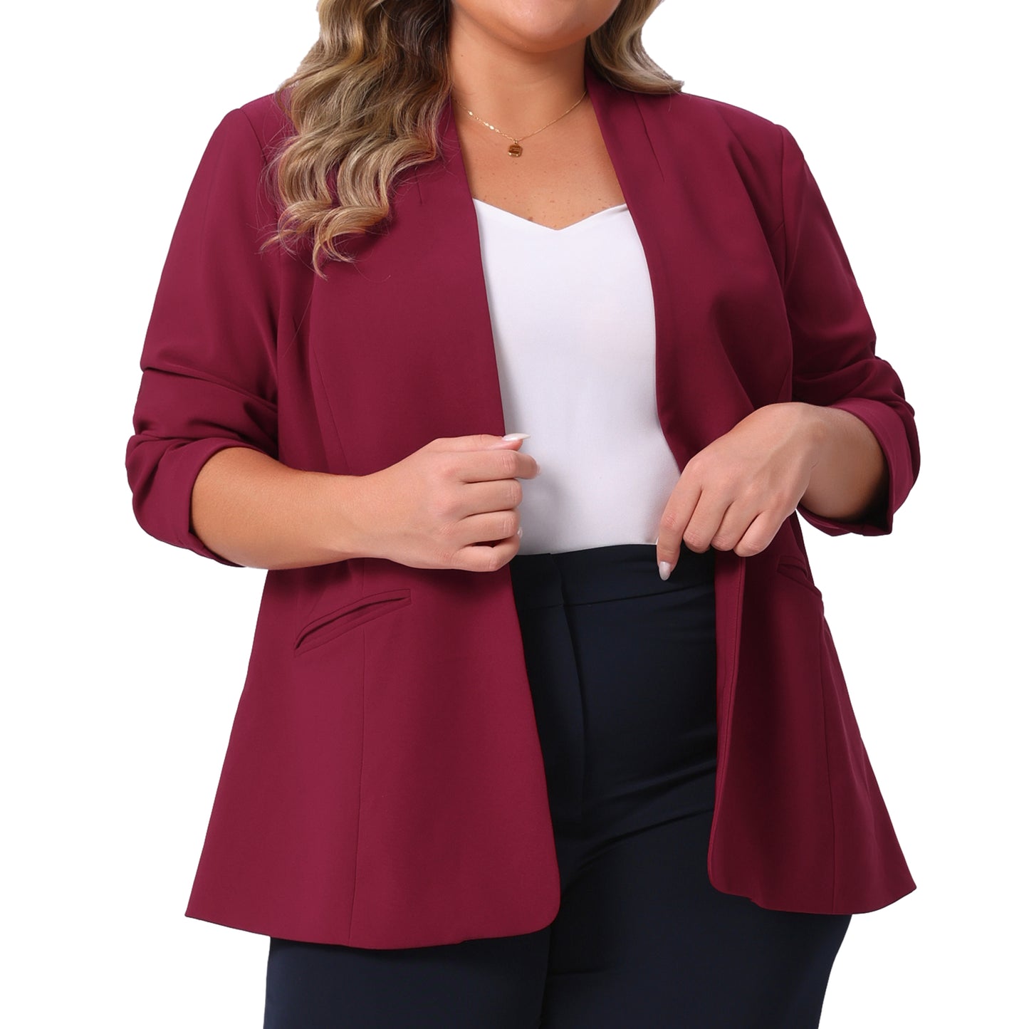 Women's Plus Size Business Casual Collarless Open Front Long Sleeve Work Office Blazer Jacket with Pockets