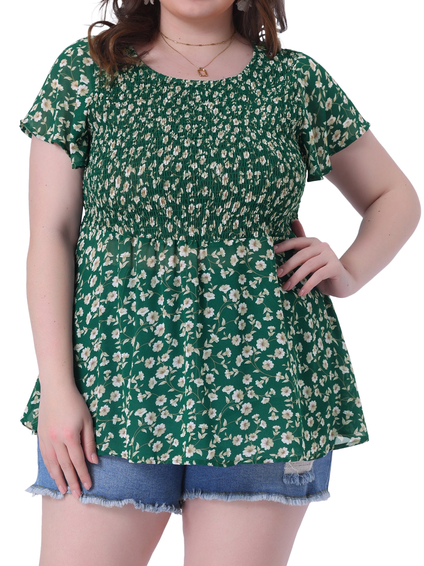 Women Plus Size Chiffon Blouse Summer Flare Short Sleeve Smocked Ditsy Floral Peplum Top