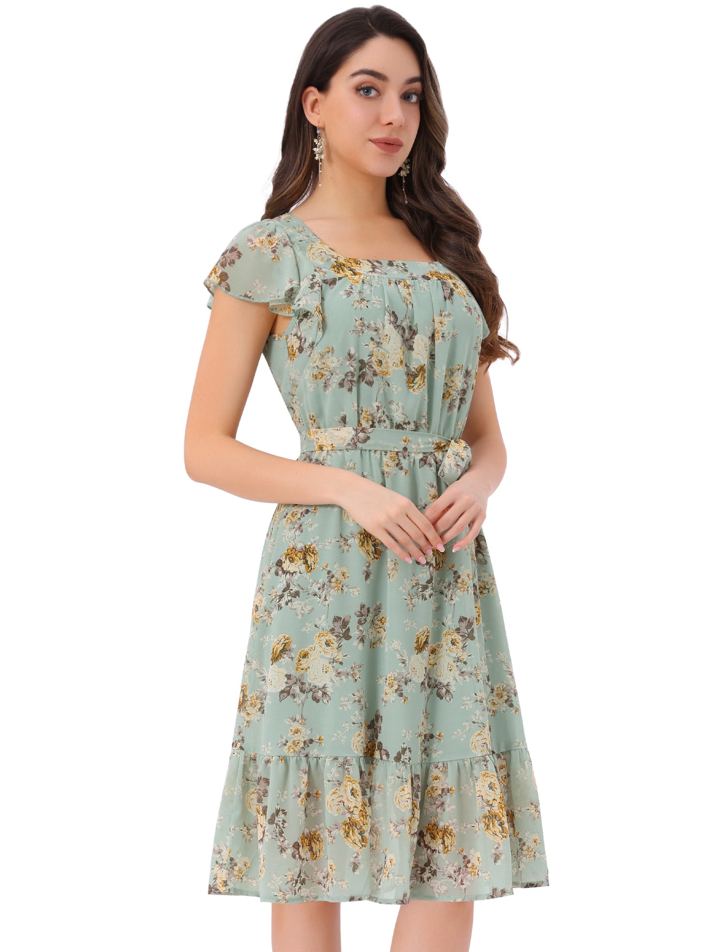 Women's Midi Floral Chiffon Dress Flutter Sleeve Belted Square Neck Ruffled Dress (Available in Plus Size)