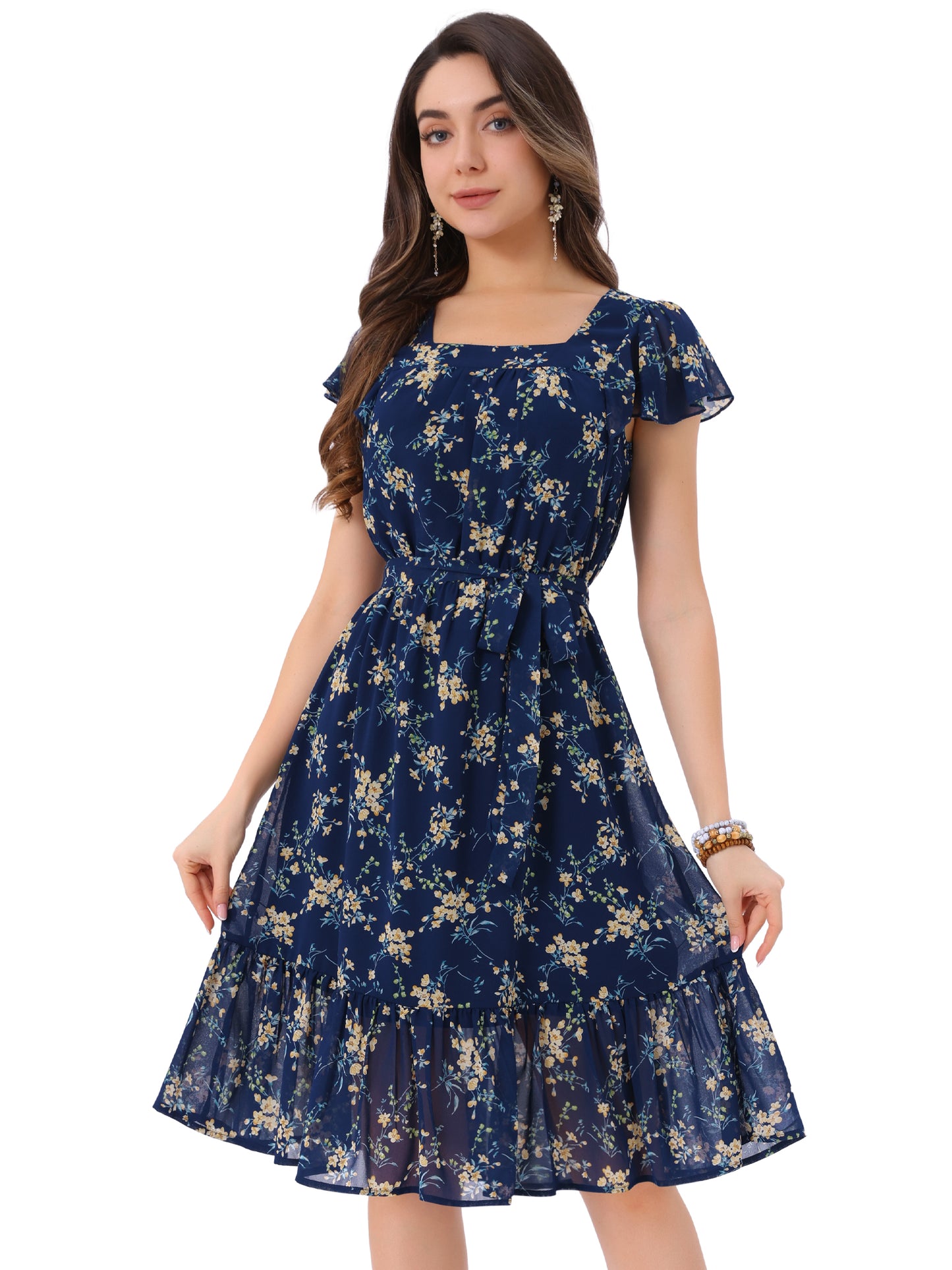 Women's Midi Floral Chiffon Dress Flutter Sleeve Belted Square Neck Ruffled Dress (Available in Plus Size)