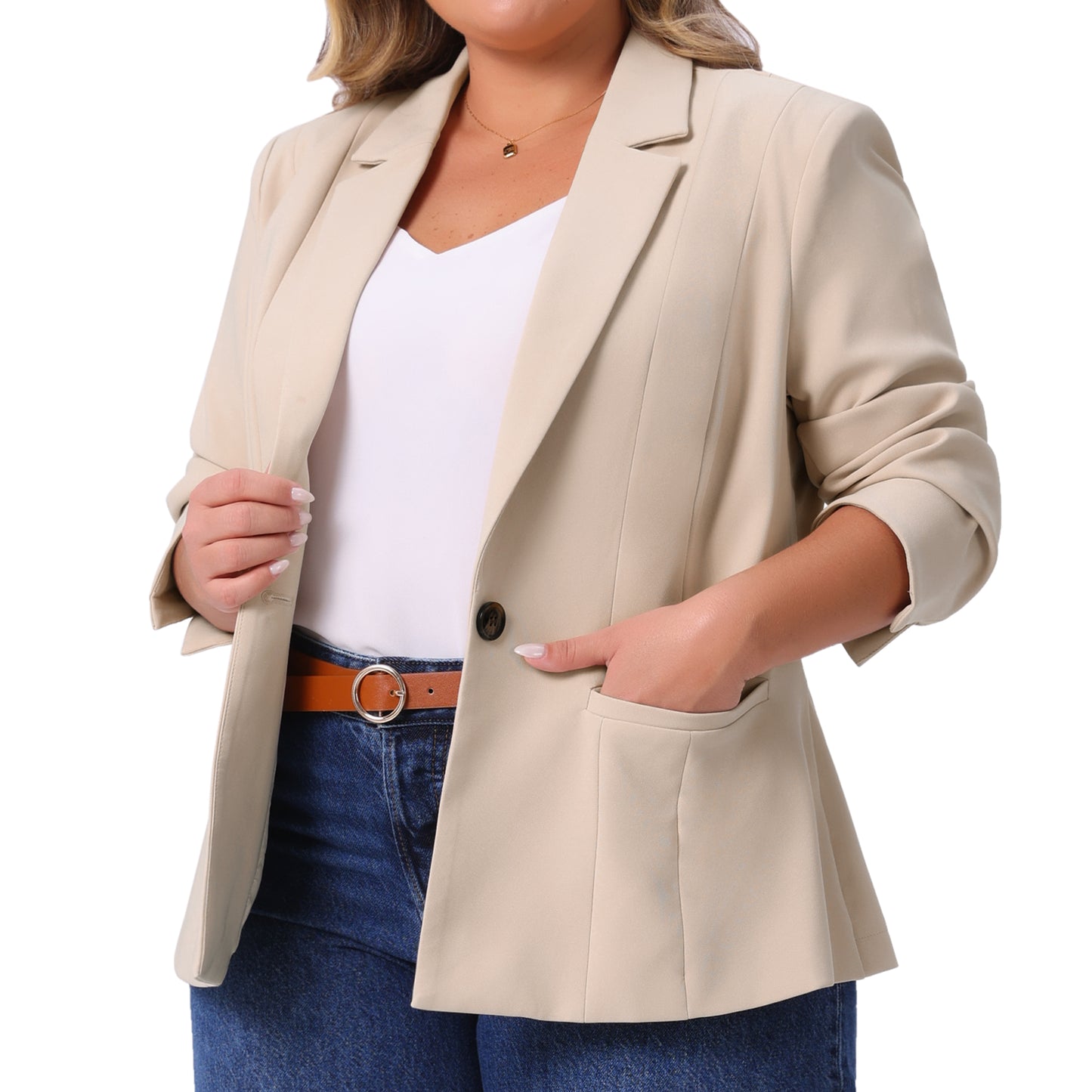 Women Plus Size Business Casual Long Sleeve Lapel Pockets Open Front Suit Jackets Work Blazer