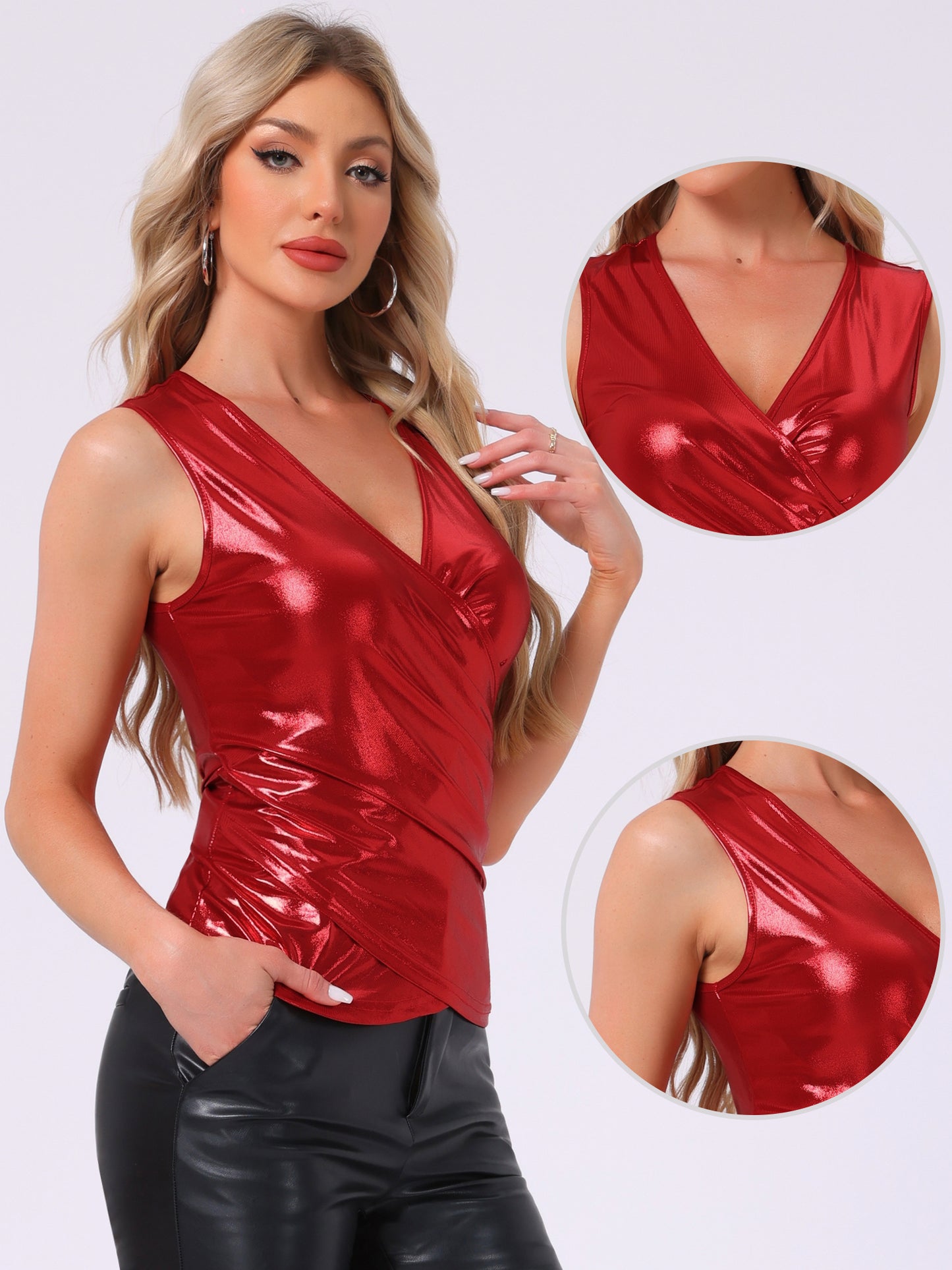 Women's Metallic Wrap Top Party Club Sleeveless V Neck Lightweight Ruched Tank Top