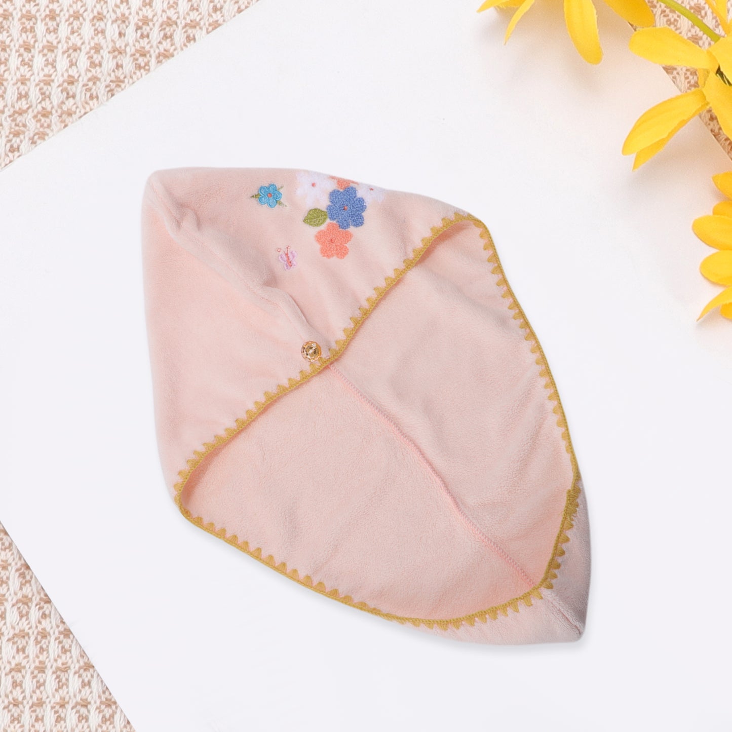 1 Pc Women Soft Embroidery Hair Drying Towel for Bathroom Pink