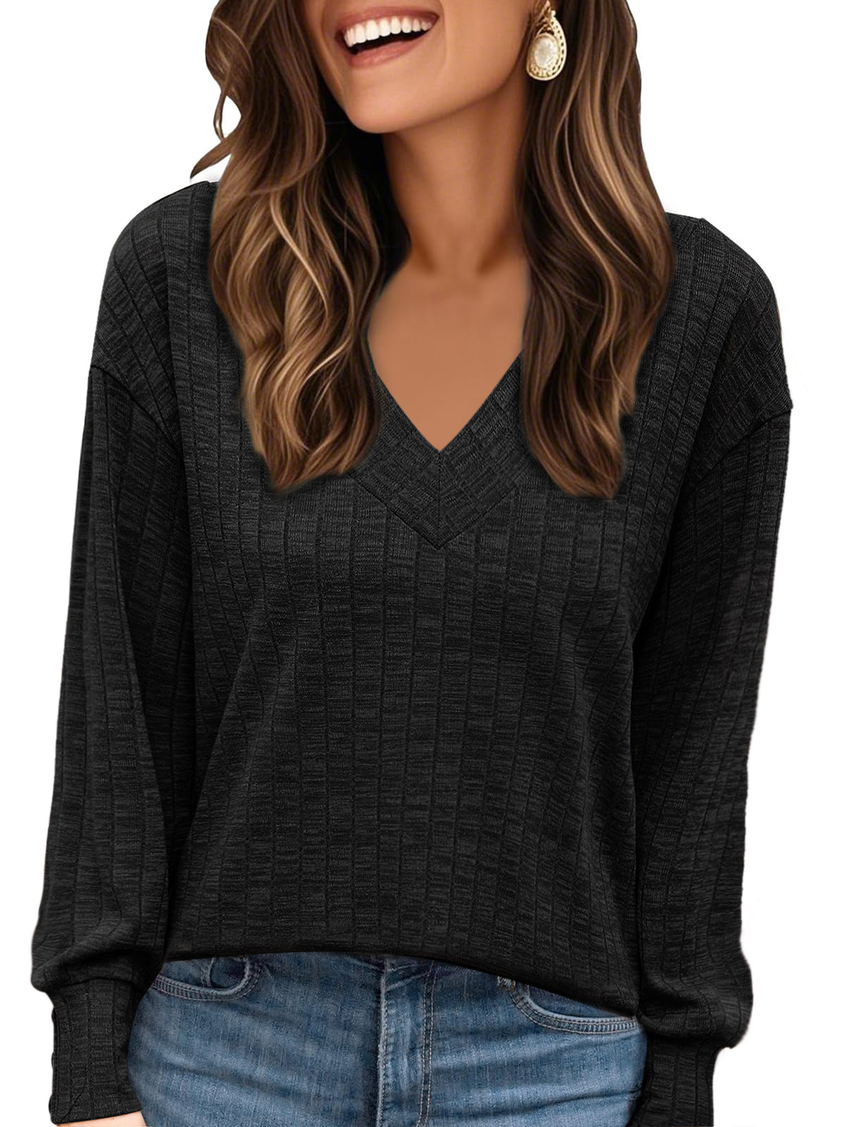 Women's V Neck Long Sleeve Shirt Lightweight Sweater Spring Fall Casual Tunic Top