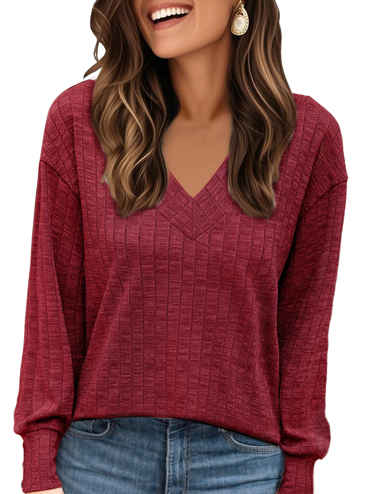 Women's V Neck Long Sleeve Shirt Lightweight Sweater Spring Fall Casual Tunic Top