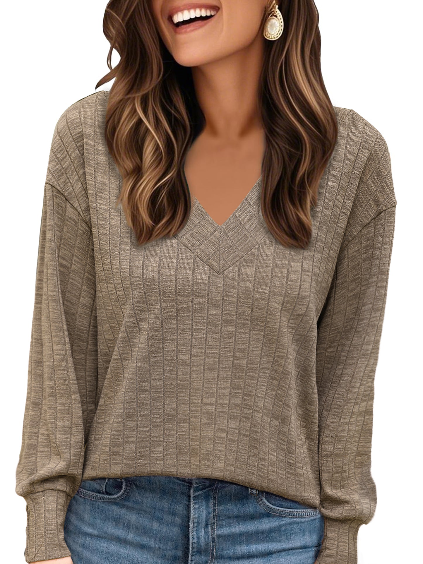 Women's V Neck Long Sleeve Shirt Lightweight Sweater Spring Fall Casual Tunic Top