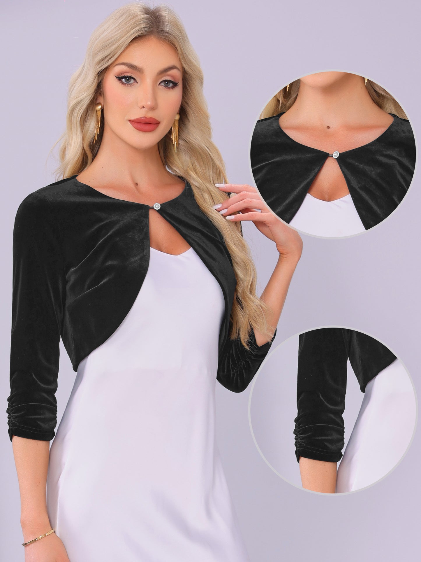 Women Pleated 3/4 Sleeves Cocktail Party Cropped Velvet Cardigan Crew Neck Shrug