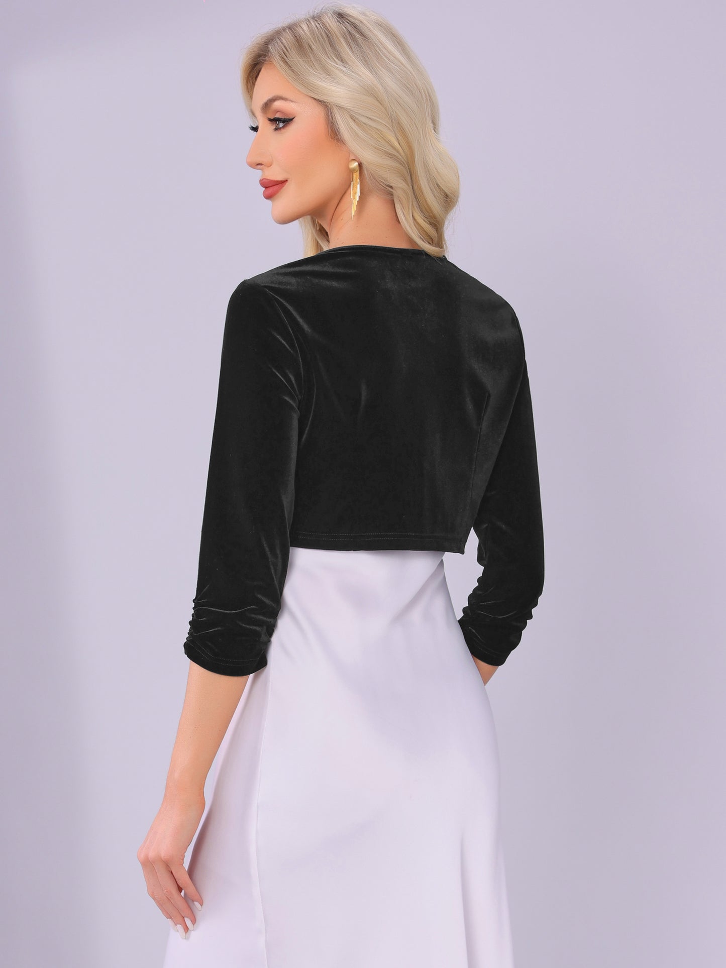 Women Pleated 3/4 Sleeves Cocktail Party Cropped Velvet Cardigan Crew Neck Shrug