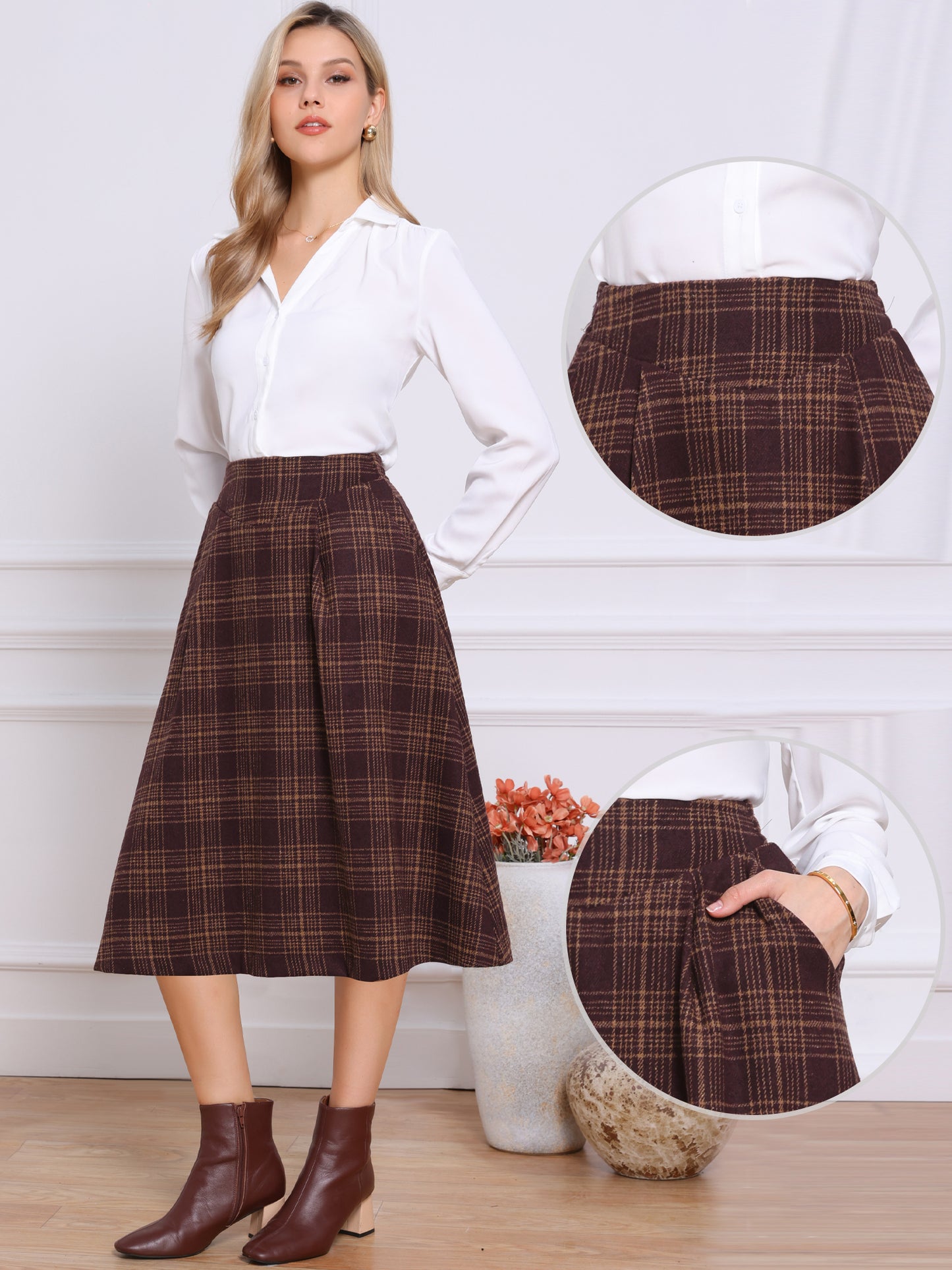 Falda plisada a cuadros vintage de cintura alta con bolsillos para mujer