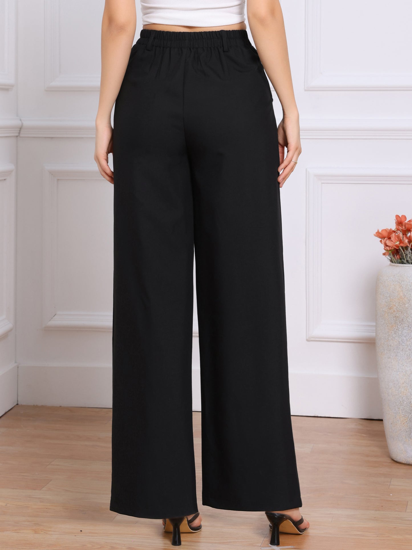 Women's High Elastic Waisted Office Work Trousers Palazzo Wide Leg Dress Pants