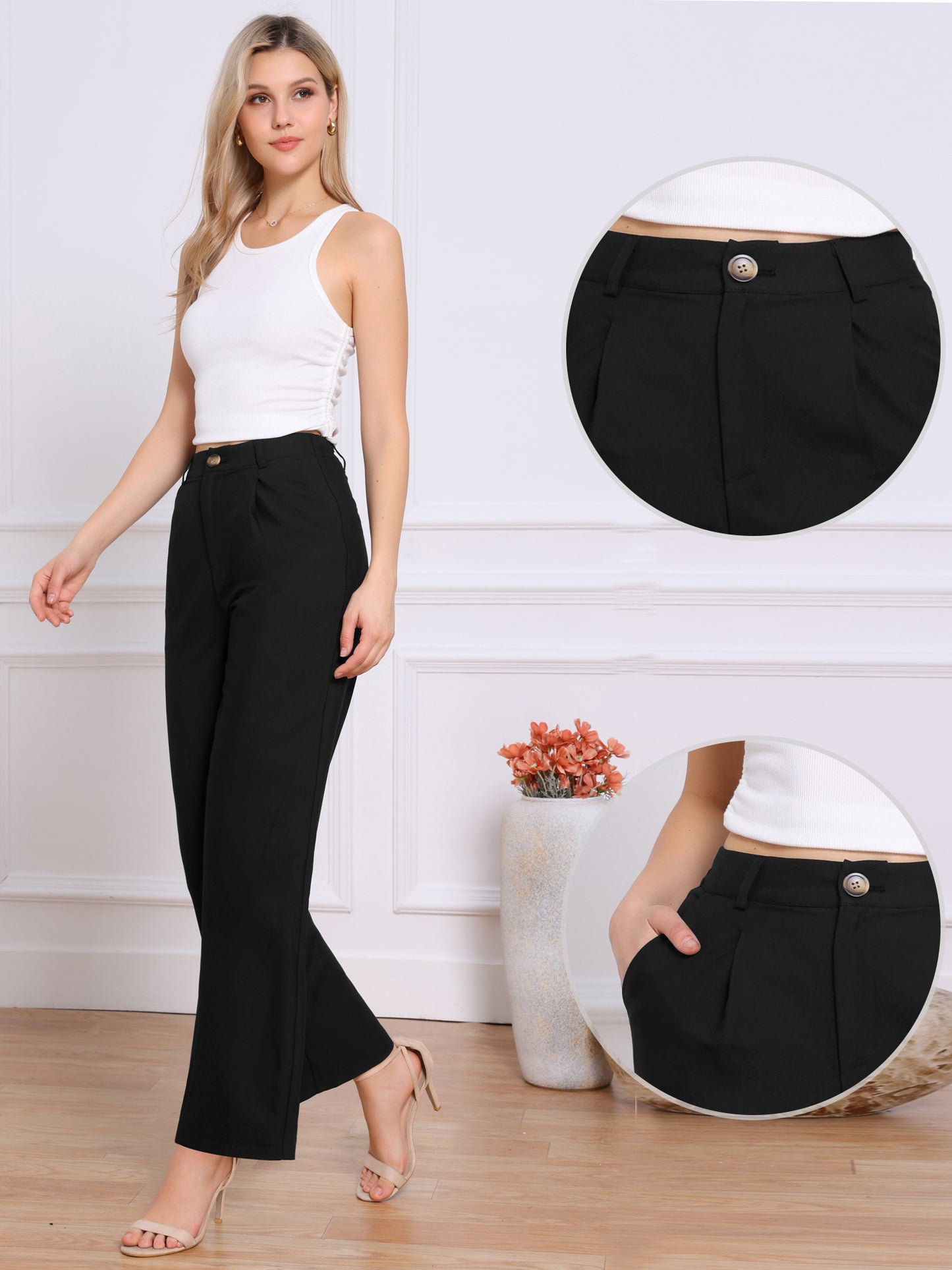 Women's Casual Work High Waisted Dressy Trousers Wide Leg Dress Pants
