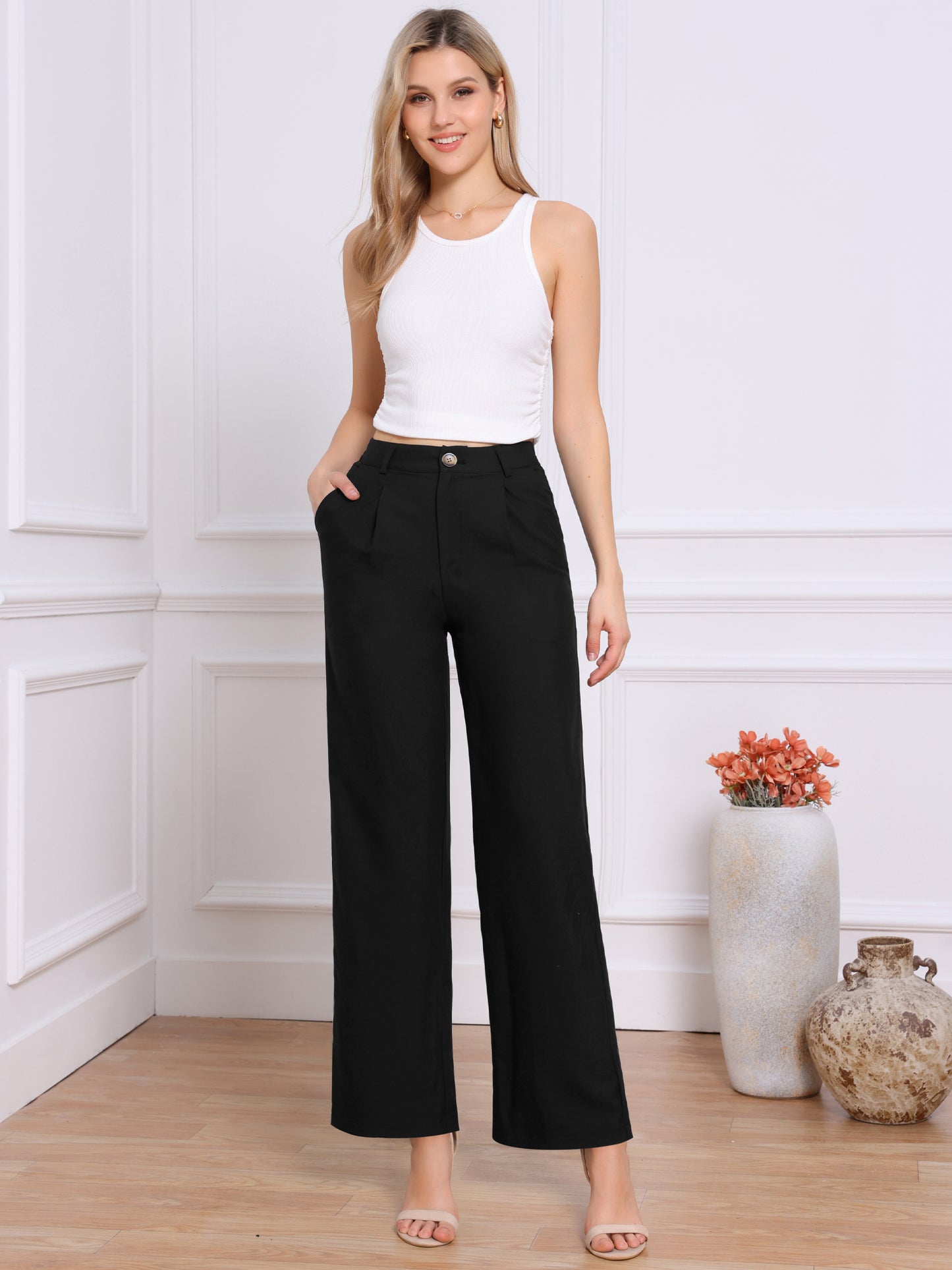 Women's Casual Work High Waisted Dressy Trousers Wide Leg Dress Pants