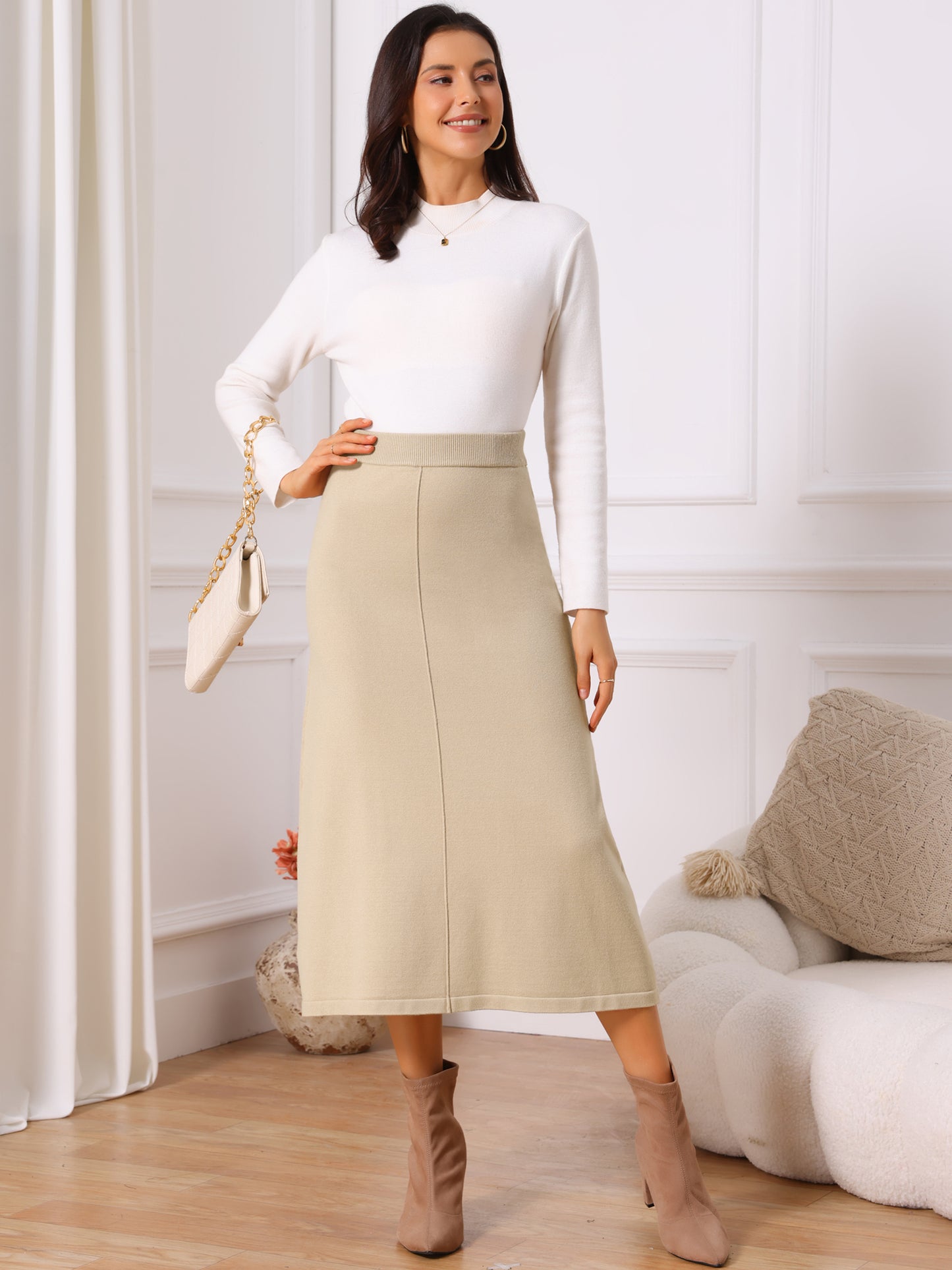 Women's Elastic High Waist Stretchy Ribbed Knit A-Line Midi Skirt