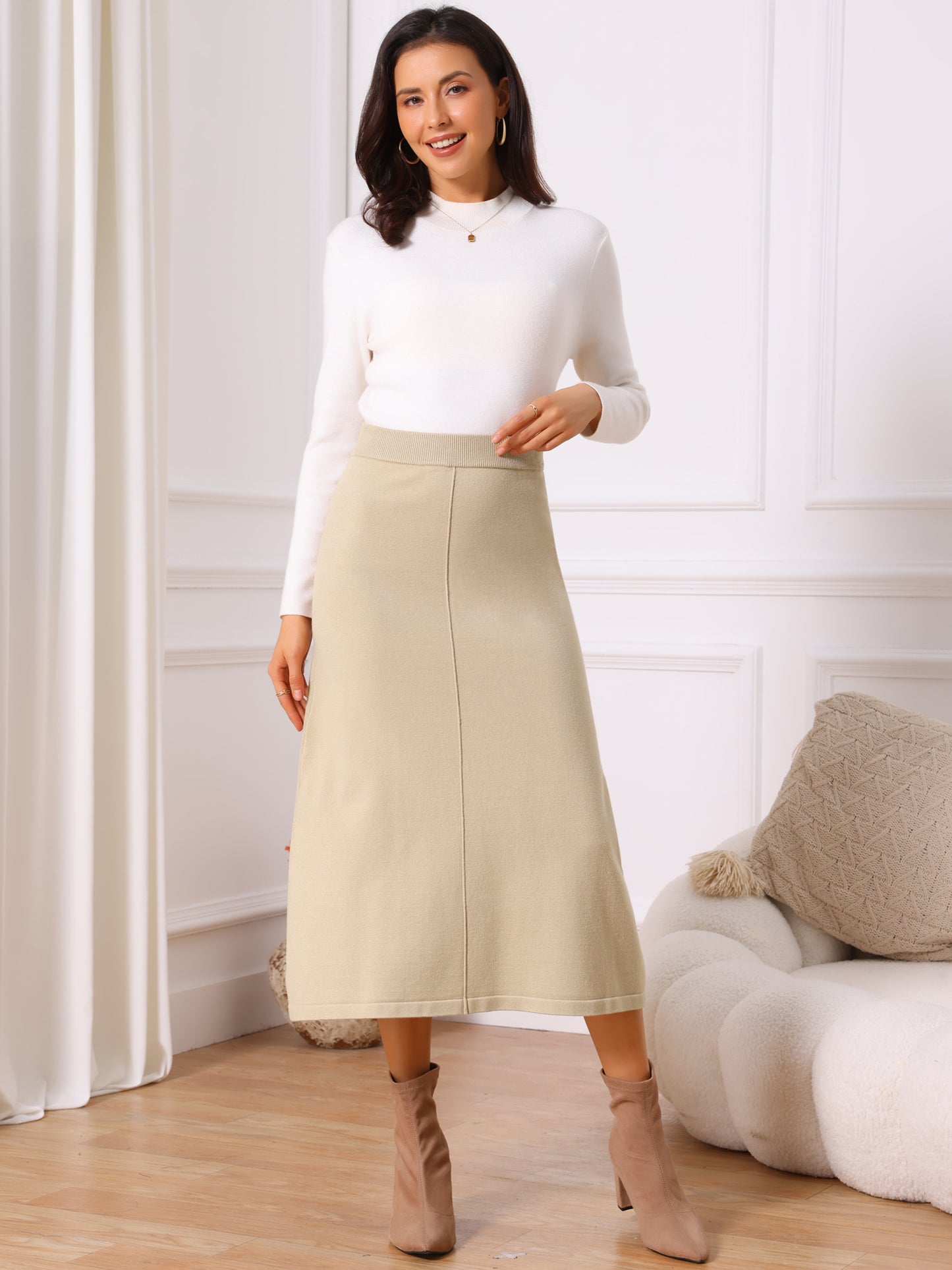 Women's Elastic High Waist Stretchy Ribbed Knit A-Line Midi Skirt