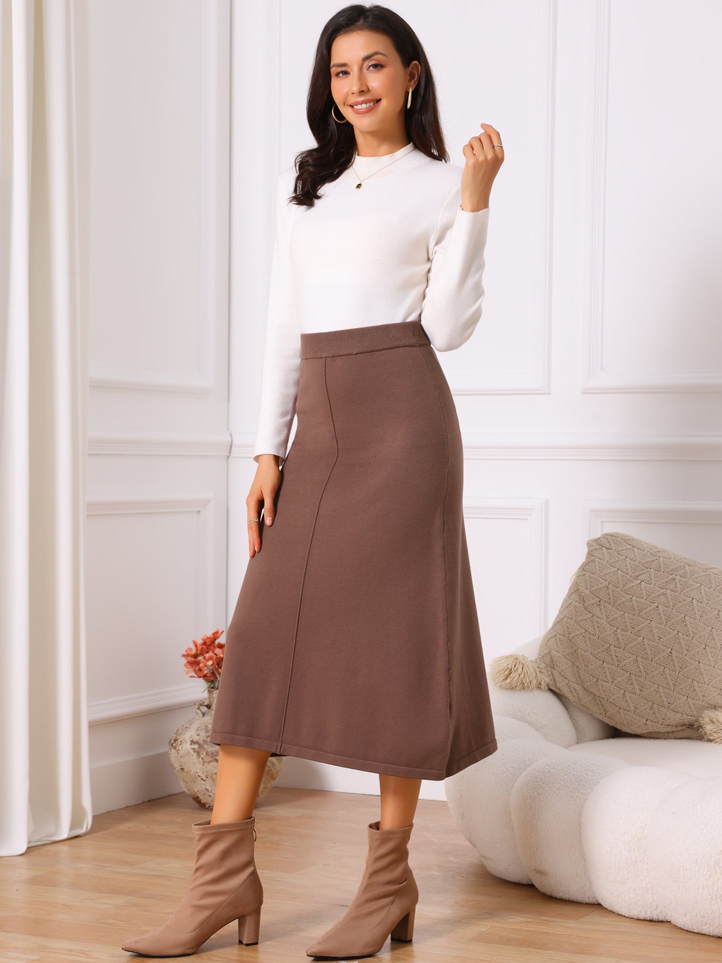 Women's Elastic High Waist Stretchy Ribbed Knit A-Line Midi Skirt
