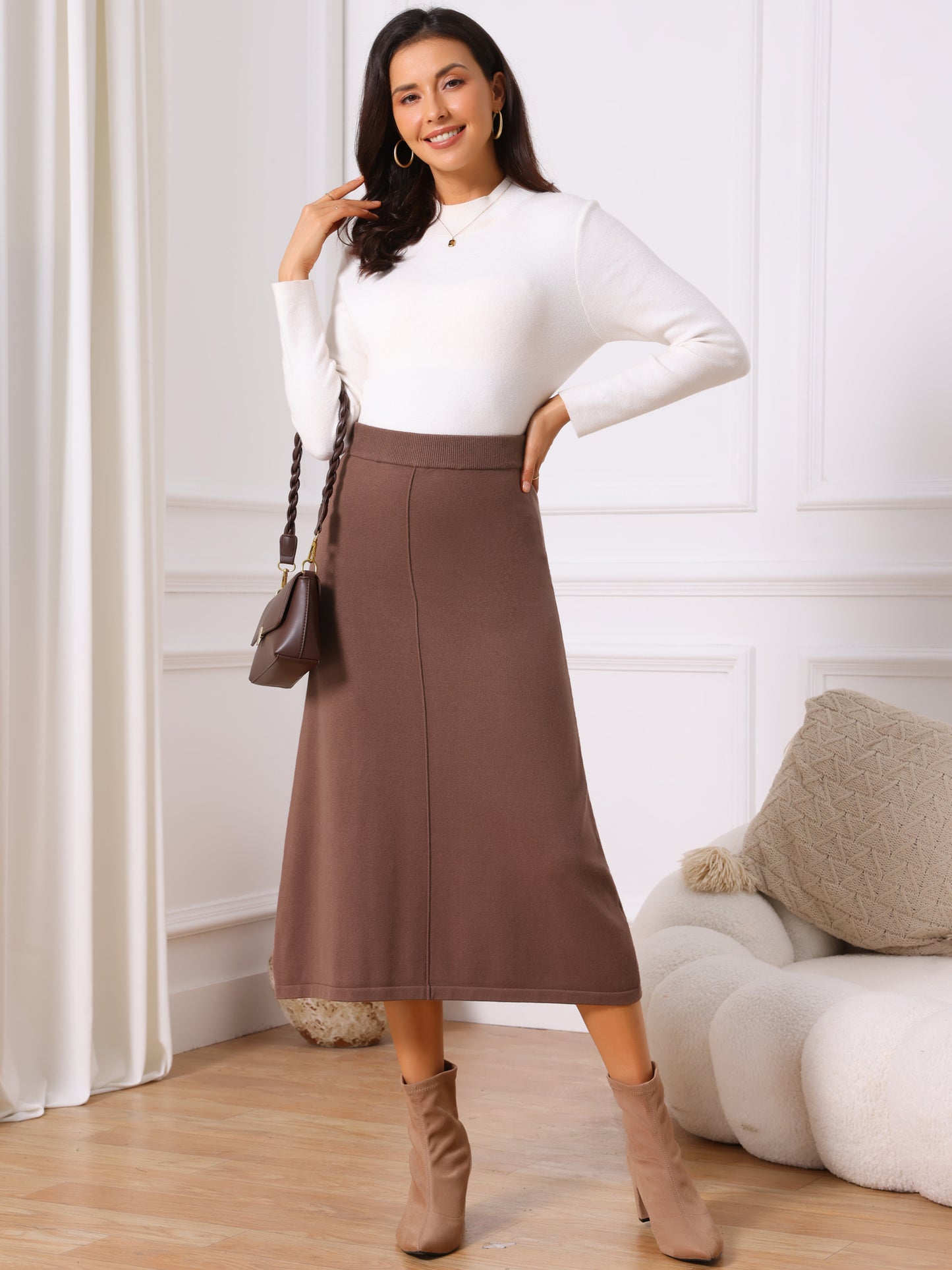 Women's Elastic High Waist Stretchy Ribbed Knit A-Line Midi Skirt