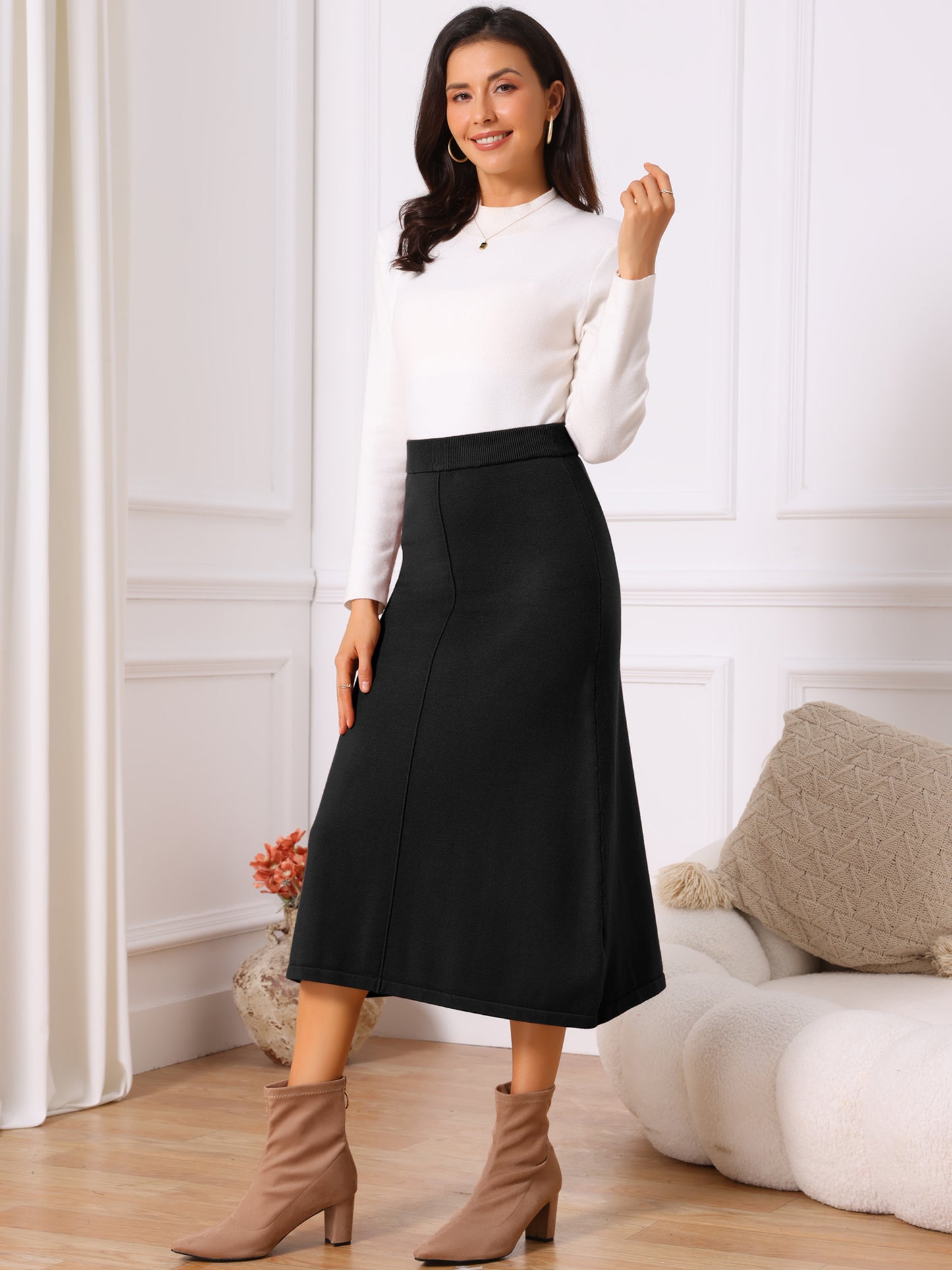 Women's Elastic High Waist Stretchy Ribbed Knit A-Line Midi Skirt