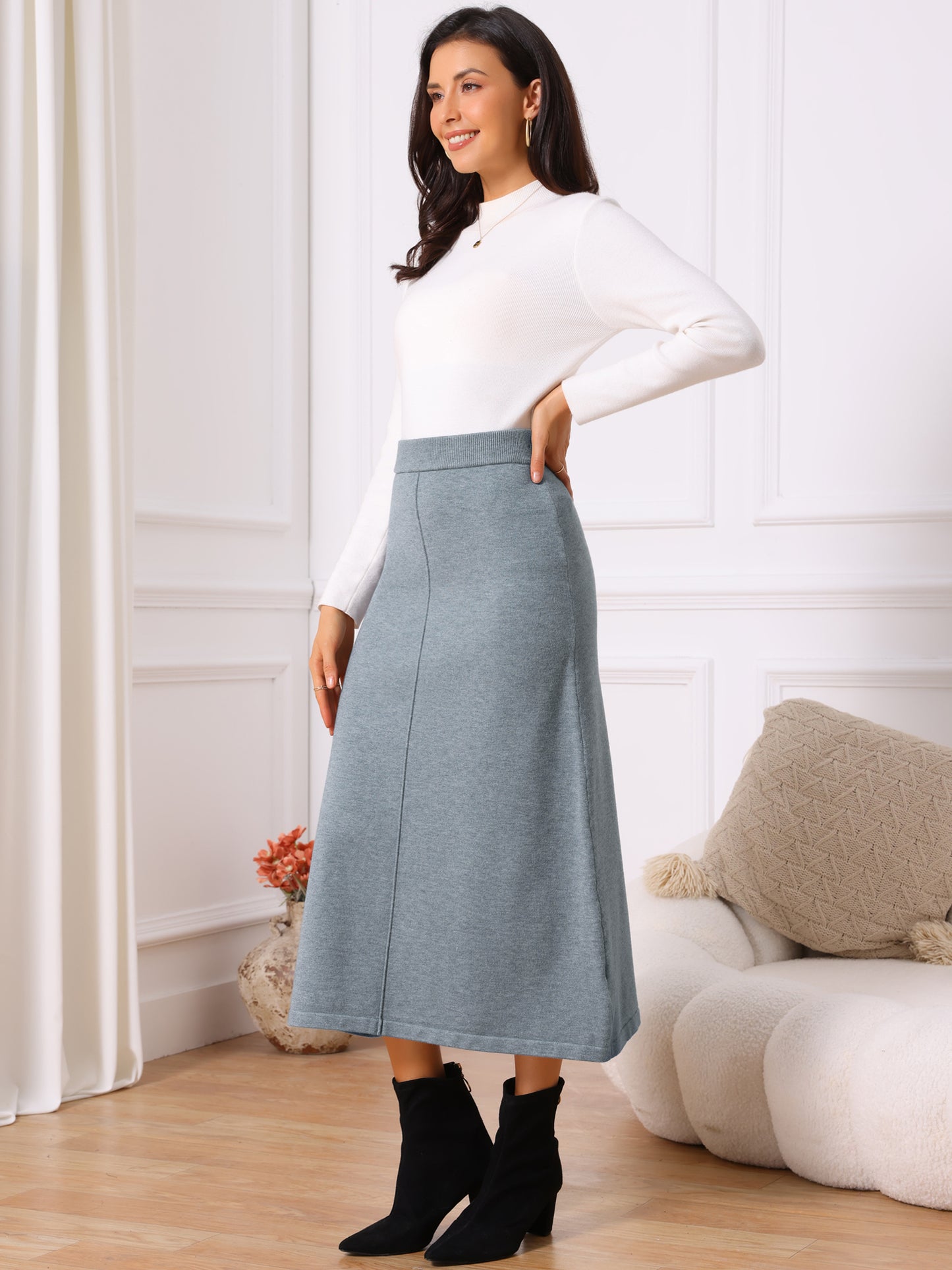 Women's Elastic High Waist Stretchy Ribbed Knit A-Line Midi Skirt