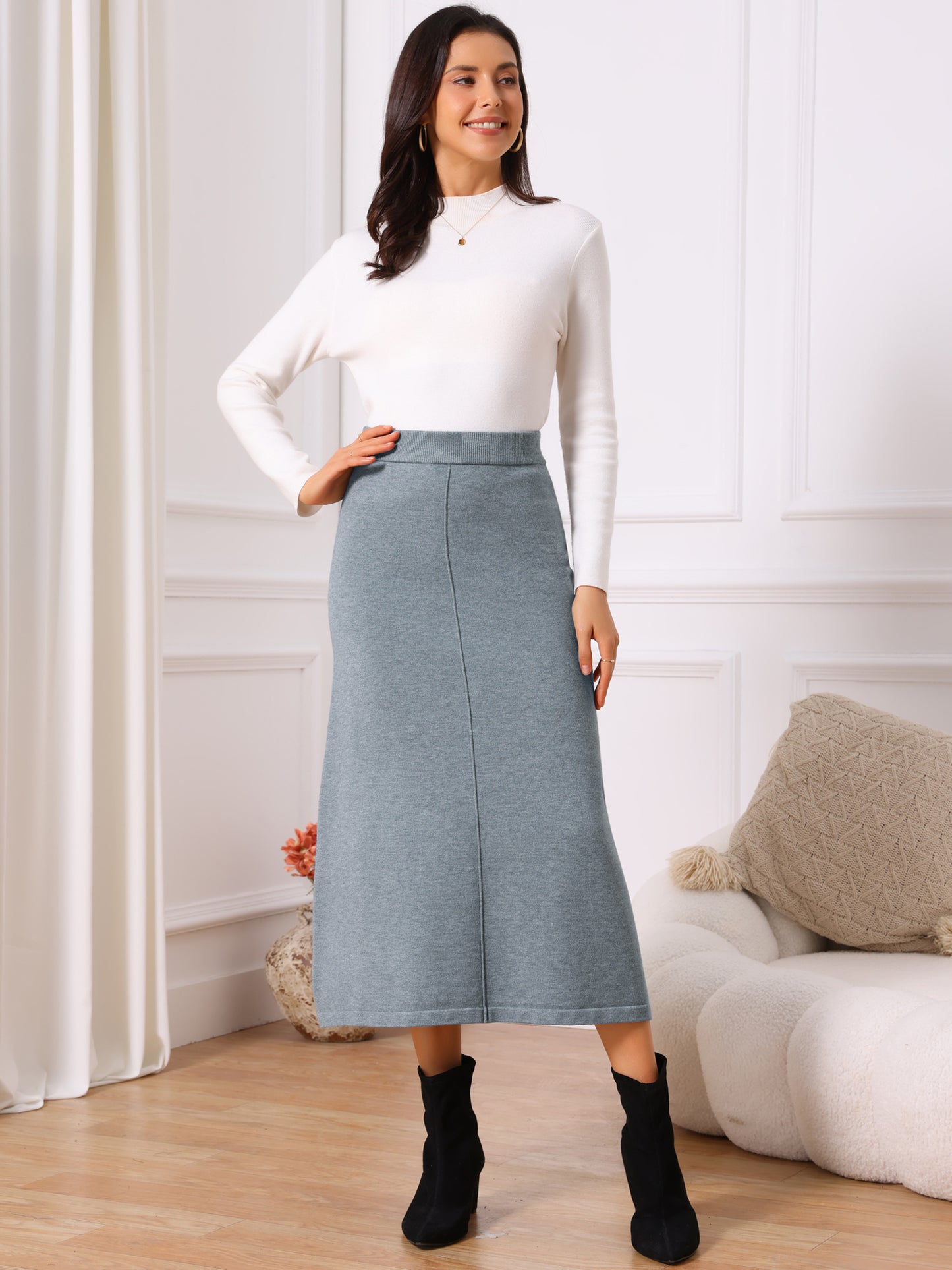Women's Elastic High Waist Stretchy Ribbed Knit A-Line Midi Skirt