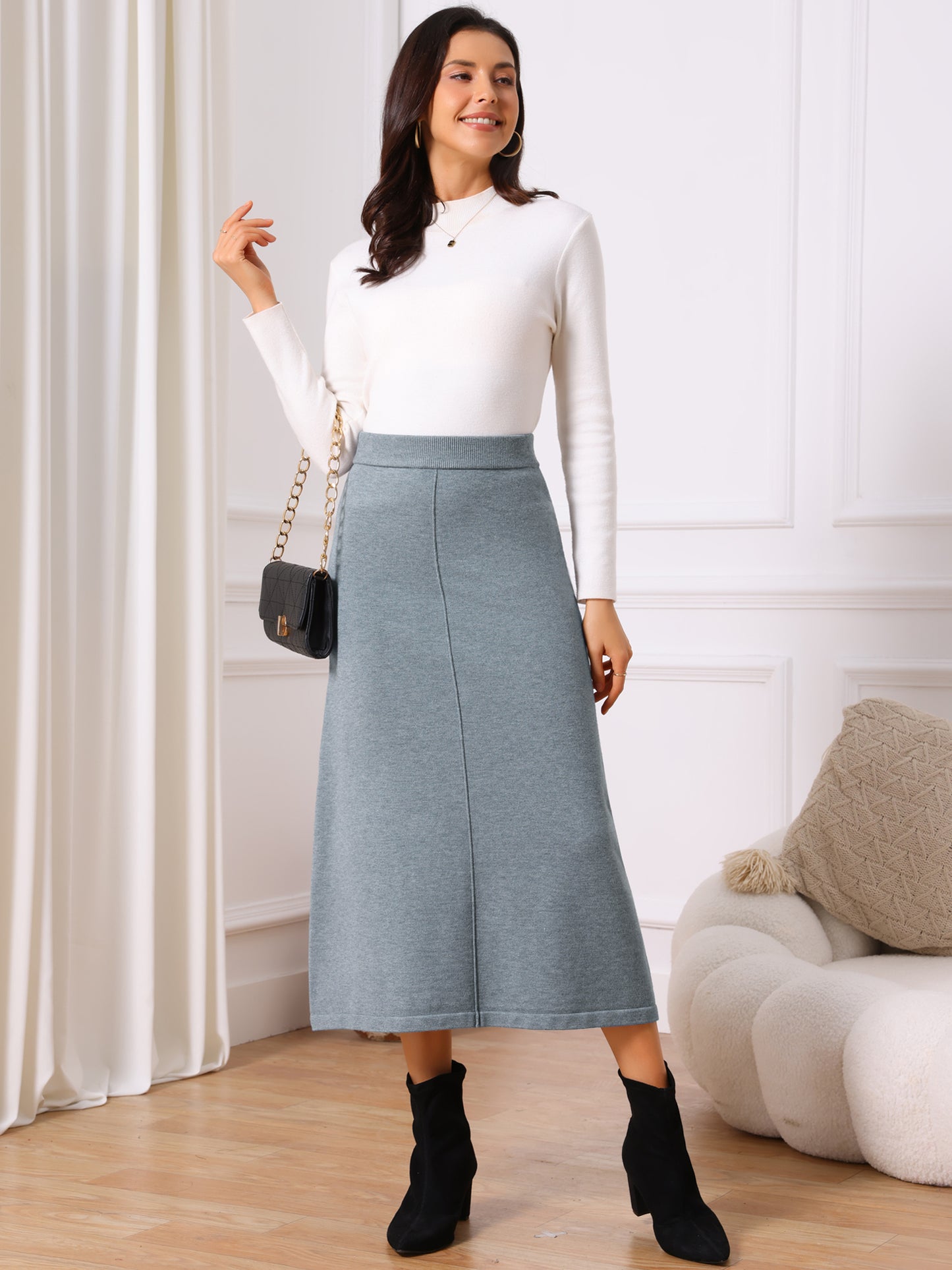 Women's Elastic High Waist Stretchy Ribbed Knit A-Line Midi Skirt