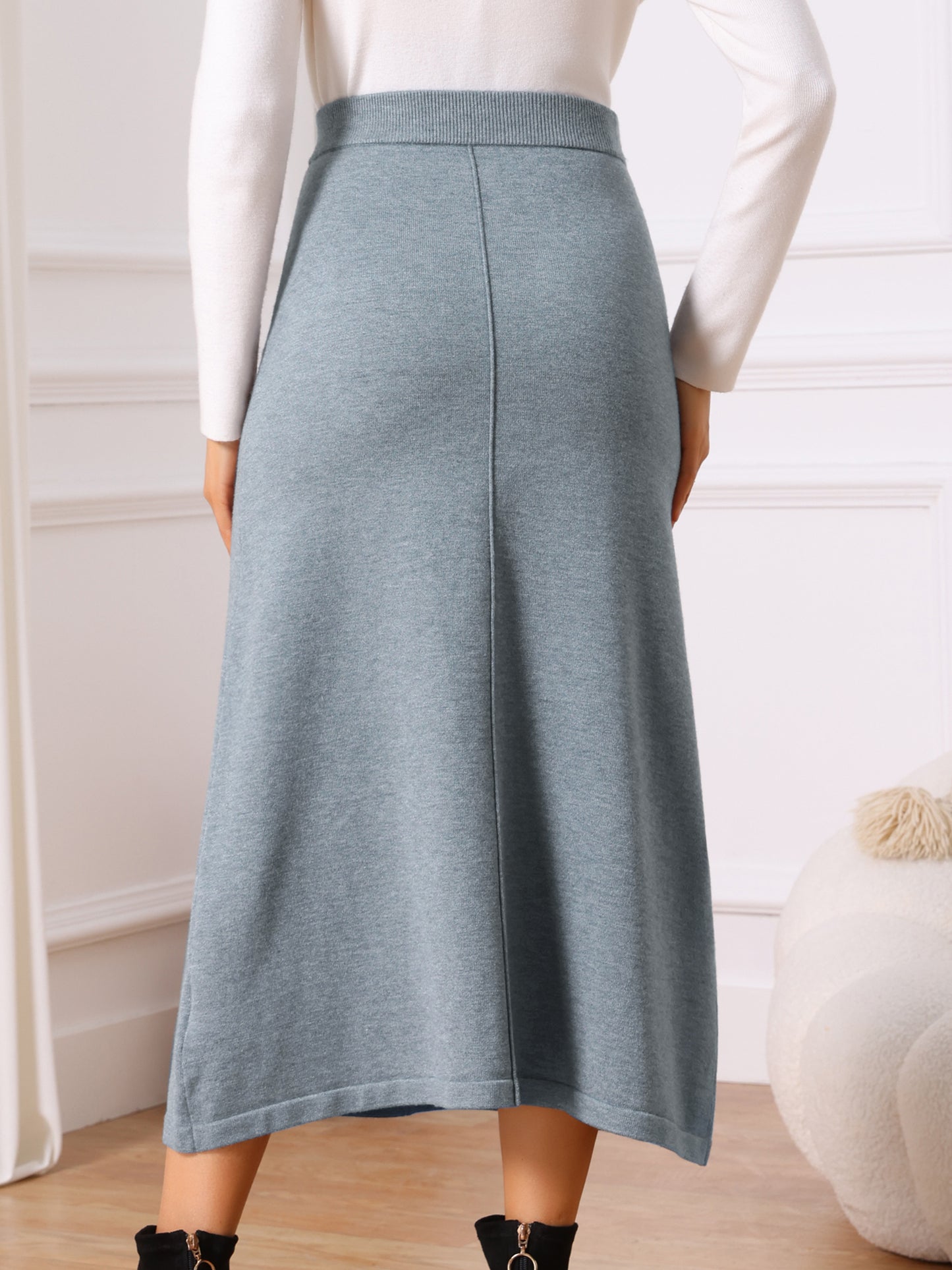 Women's Elastic High Waist Stretchy Ribbed Knit A-Line Midi Skirt