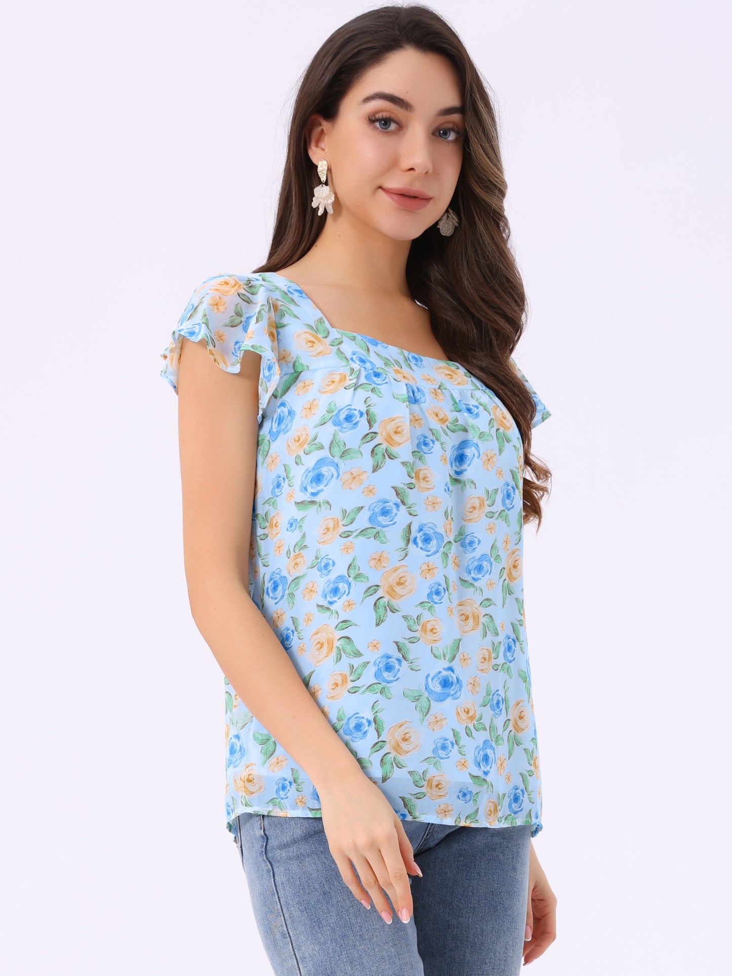 Blusa floral de verano para mujer, informal, de gasa, con cuello cuadrado y manga corta con volantes