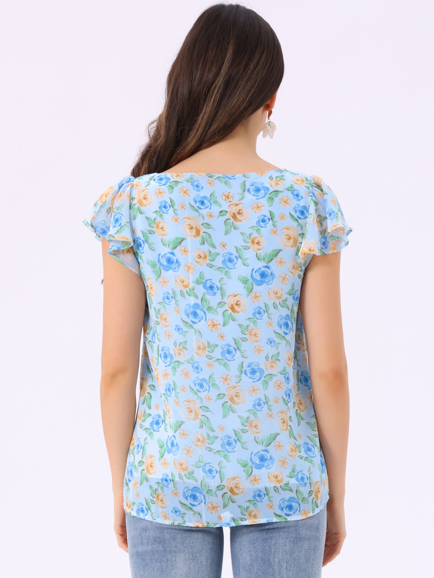 Blusa floral de verano para mujer, informal, de gasa, con cuello cuadrado y manga corta con volantes