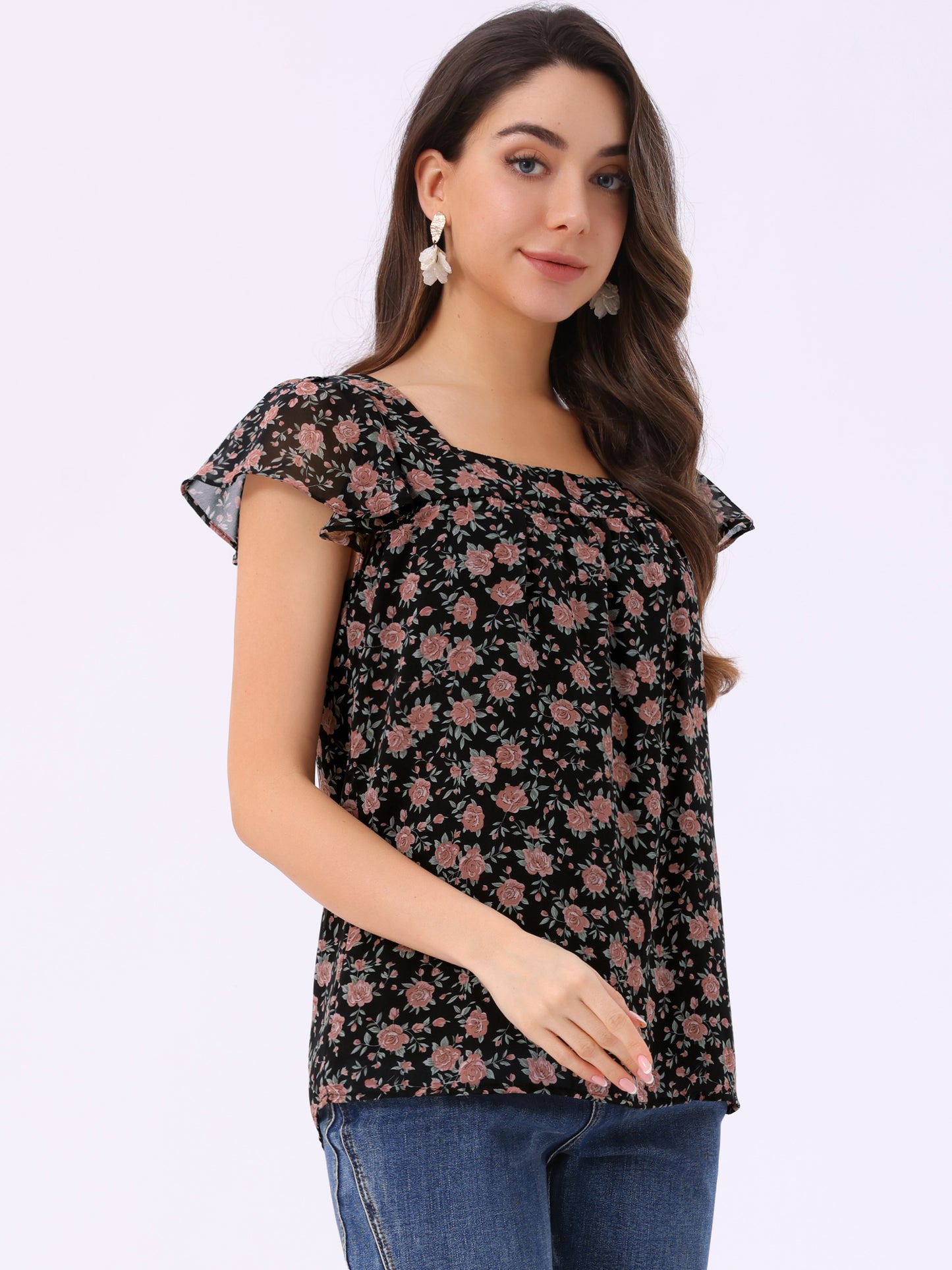 Women's Floral Blouse Summer Casual Square Neck Chiffon Short Sleeve Ruffle Top